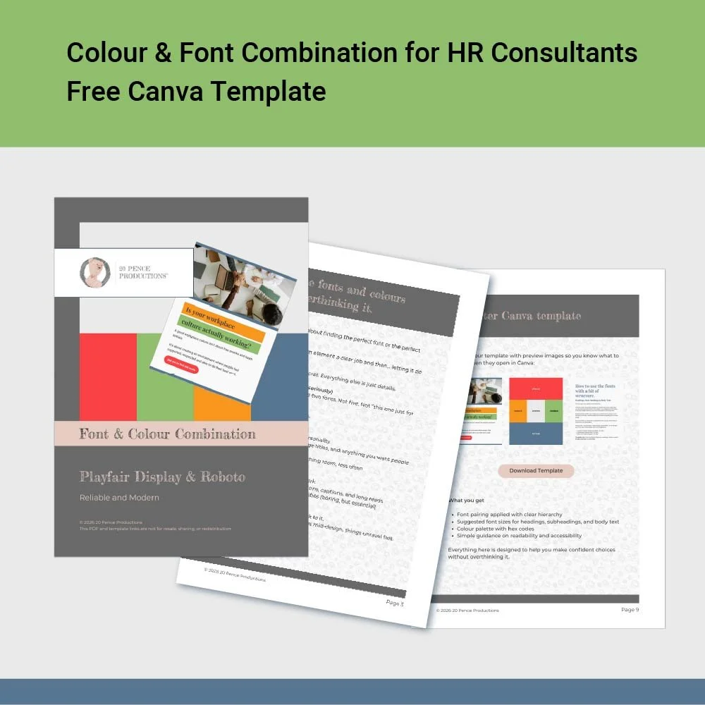 Green band at the top "Colour & Font Combination for HR Consultants Free Canva Template" on a light grey background pages from the PDF download.  Small blue band at the bottom.