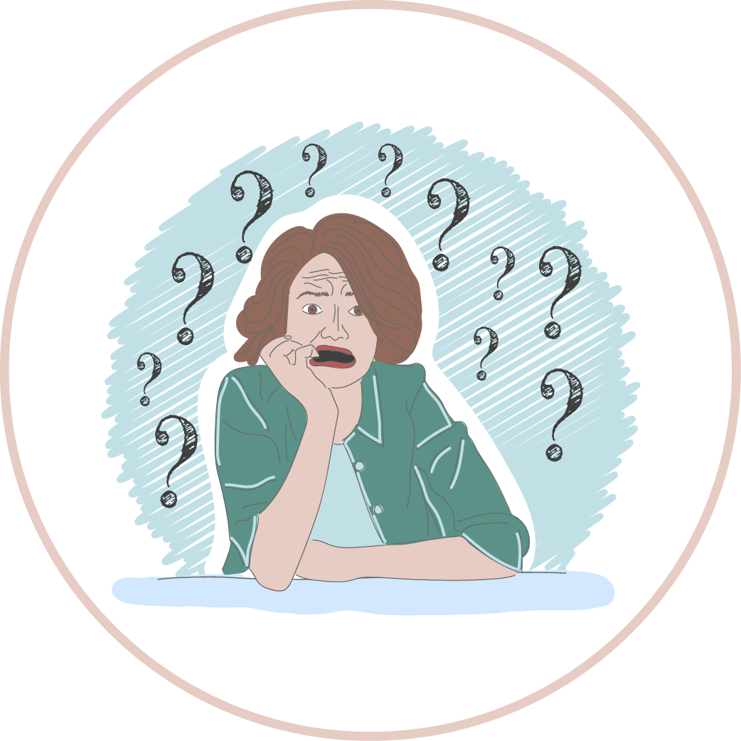 An illustration of a woman looking confused resting her head on one have with lots of question marks behind her.