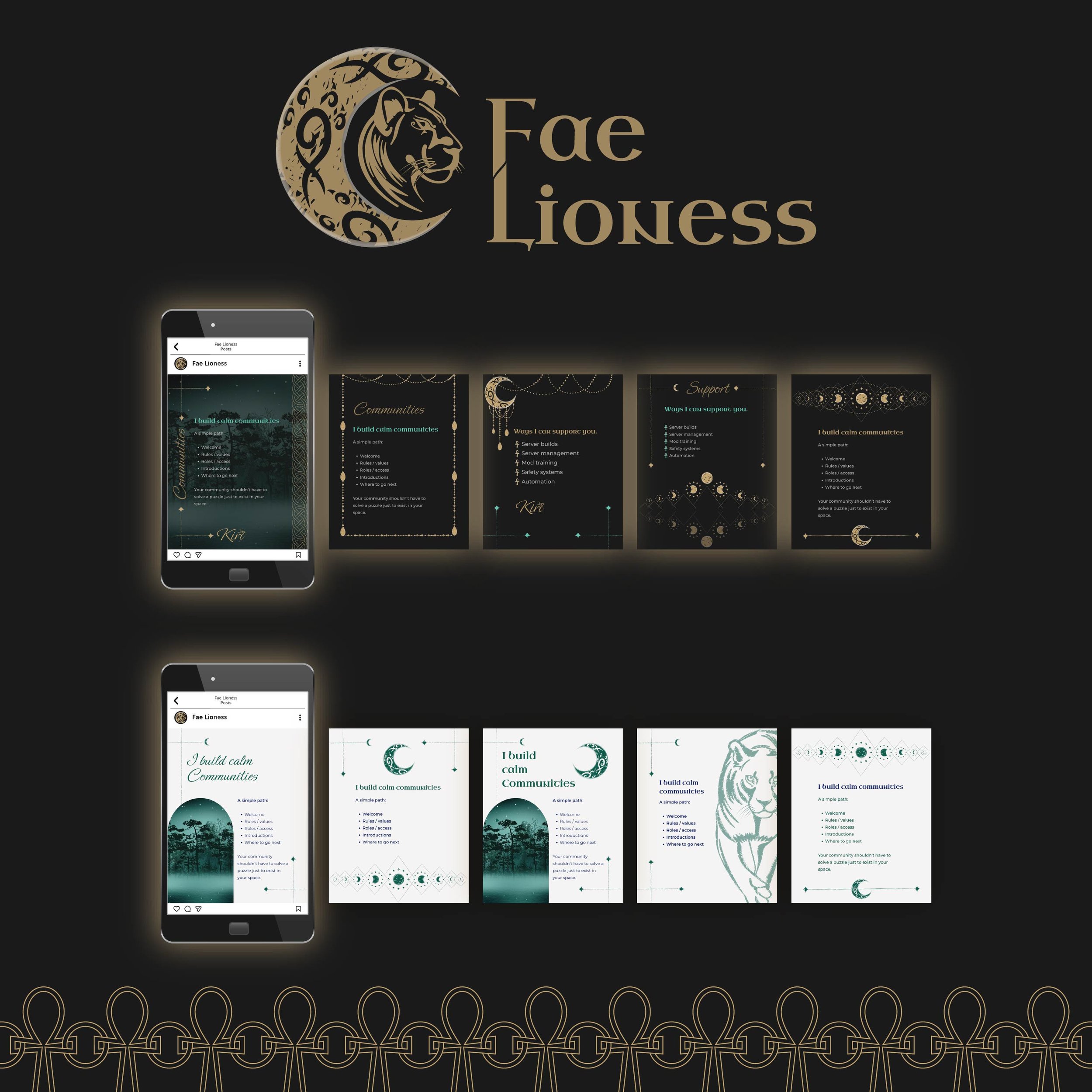 Fae Lioness Logo centered at the top examples of social media posts.  Ankhs linked with a circle pattern across the bottom