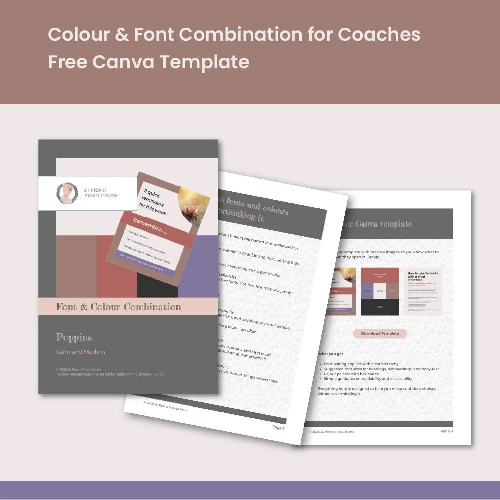 Deep brown band at the top  "Colour & Font Combination for Coaches Free Canva Template" on a cream background pages from the PDF download.  Small purple band at the bottom.