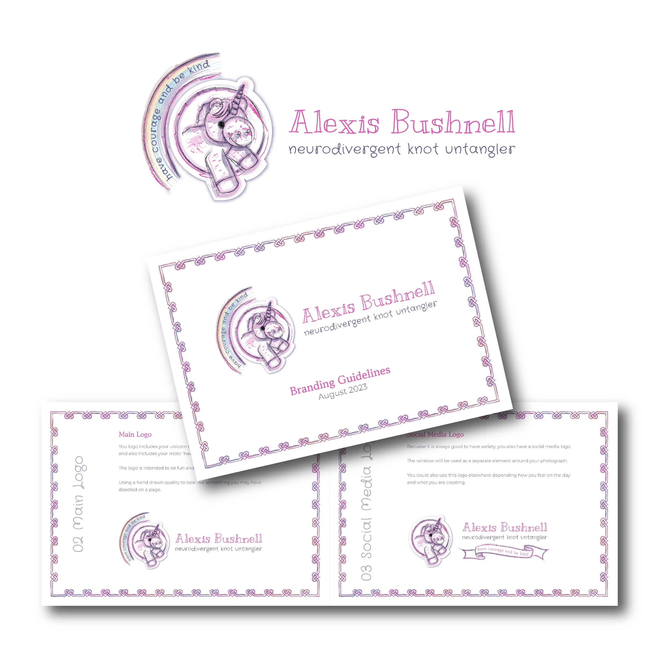 Alexis Bushnell logo central.  Example pages from the branding guidelines.