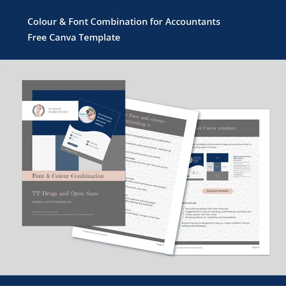 Dark blue band at the top "Colour & Font Combination for Accountants Free Canva Template" on a light grey background pages from the PDF download.  Small dark blue band at the bottom.