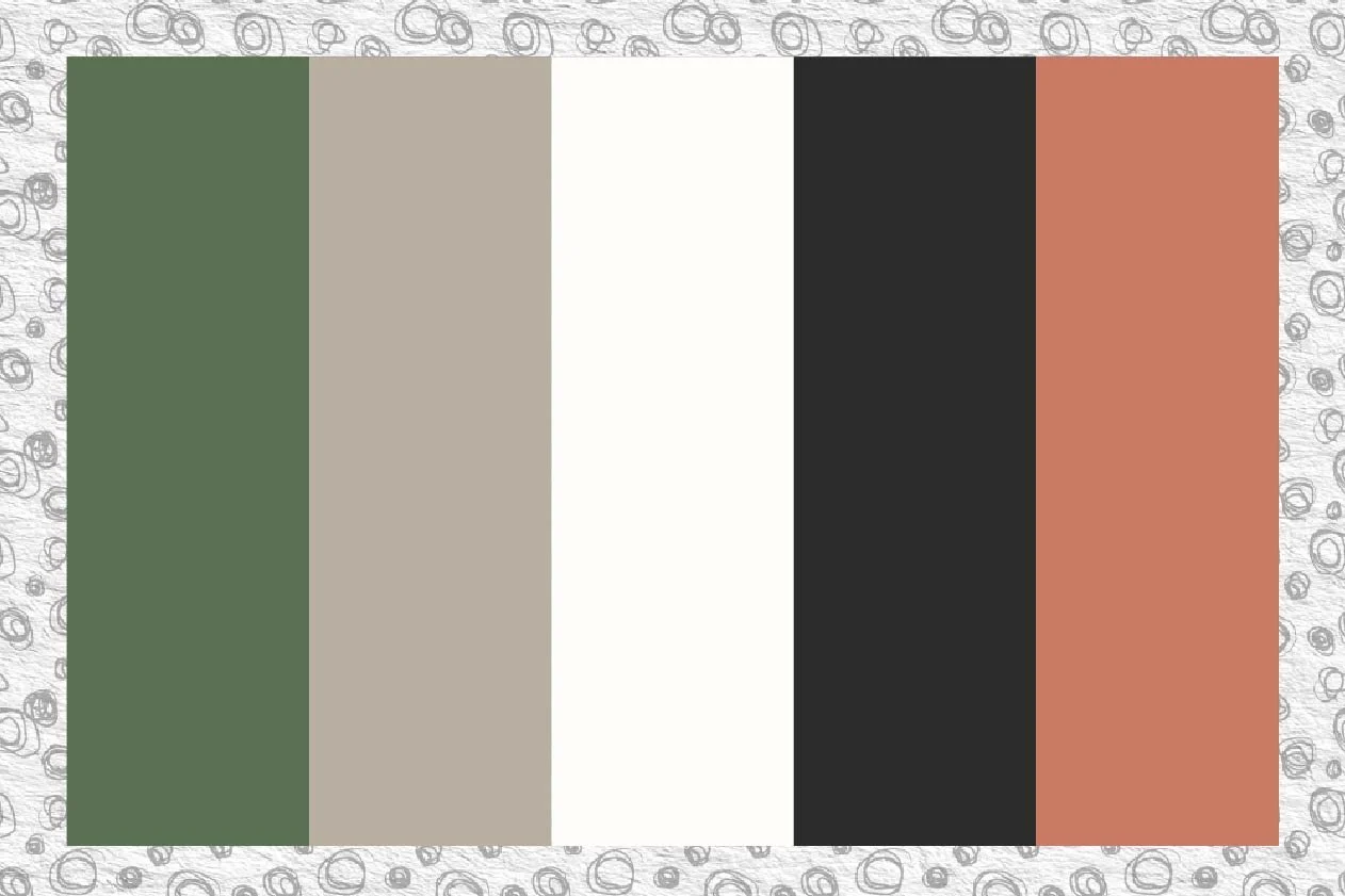 grey scribble form a boarder around the image.  5 equally sized rectangles in the following colours deep olive, warm taupe, soft white, charcoal, terracotta.