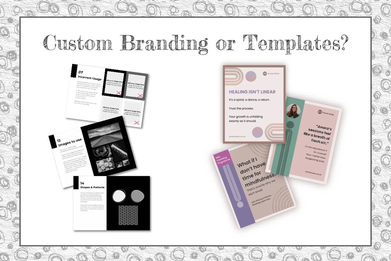 Text Custom Branding or Templates? images show pages from branding guidelines and Canva template examples.