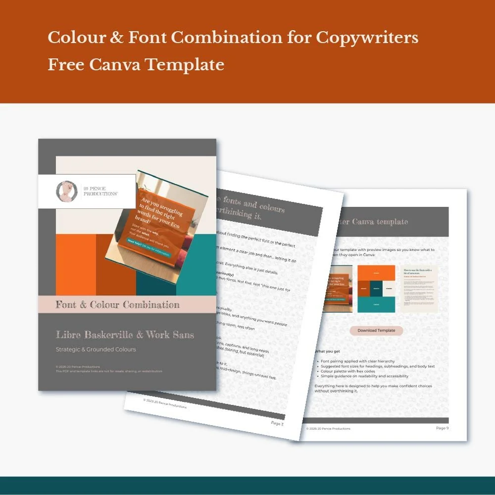 Deep dark orange band at the top "Colour & Font Combination for Copywriters Free Canva Template" on a cream background pages from the PDF download.  Small dark green band at the bottom.