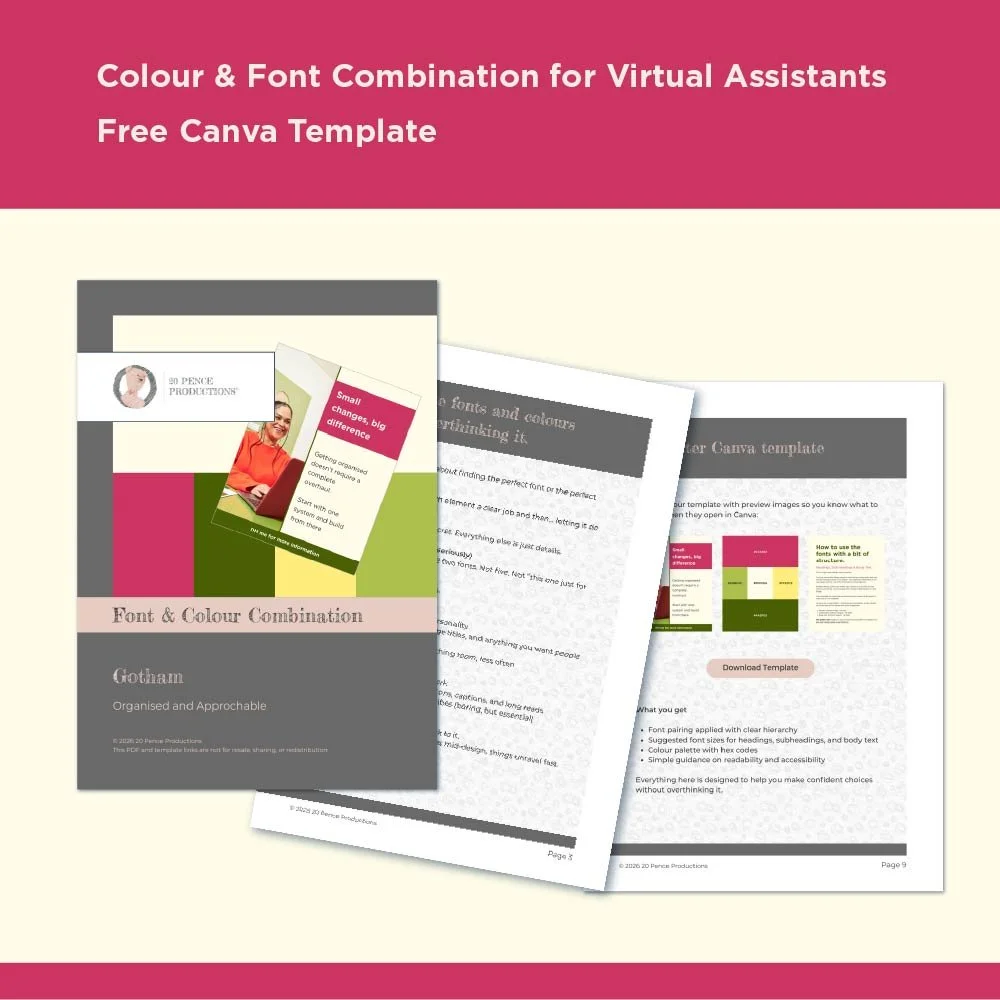 Deep pink band at the top "Colour & Font Combination for Virtual Assistants Free Canva Template" on a cream background pages from the PDF download.  Small pink band at the bottom.