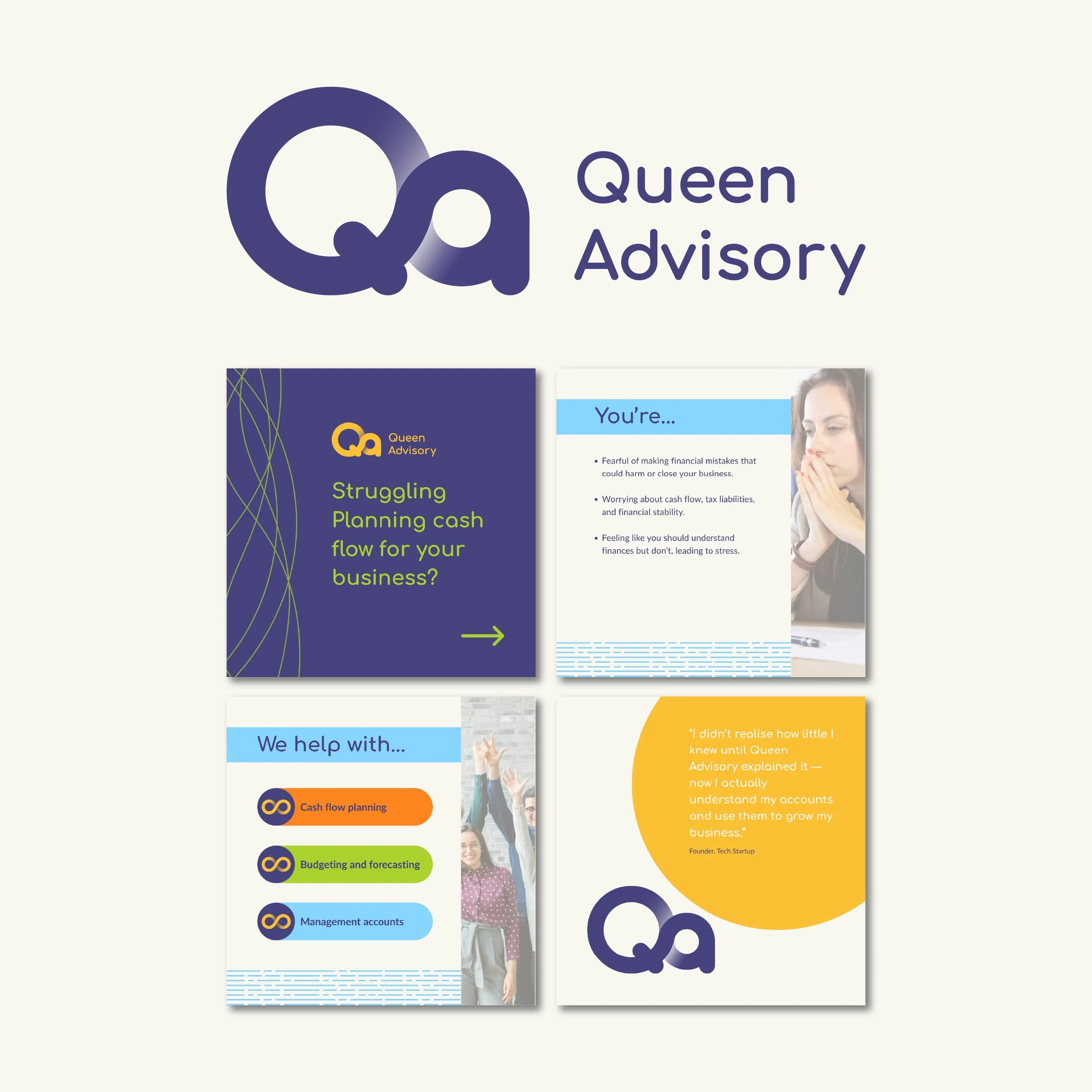 Queen Advisory logo top centre.  Images from carousel with branding.