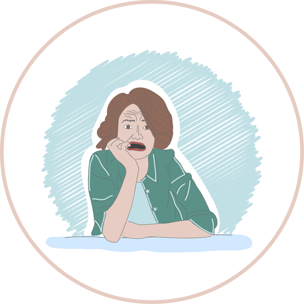 An illustration of a woman with her hand under her chin looking confused.