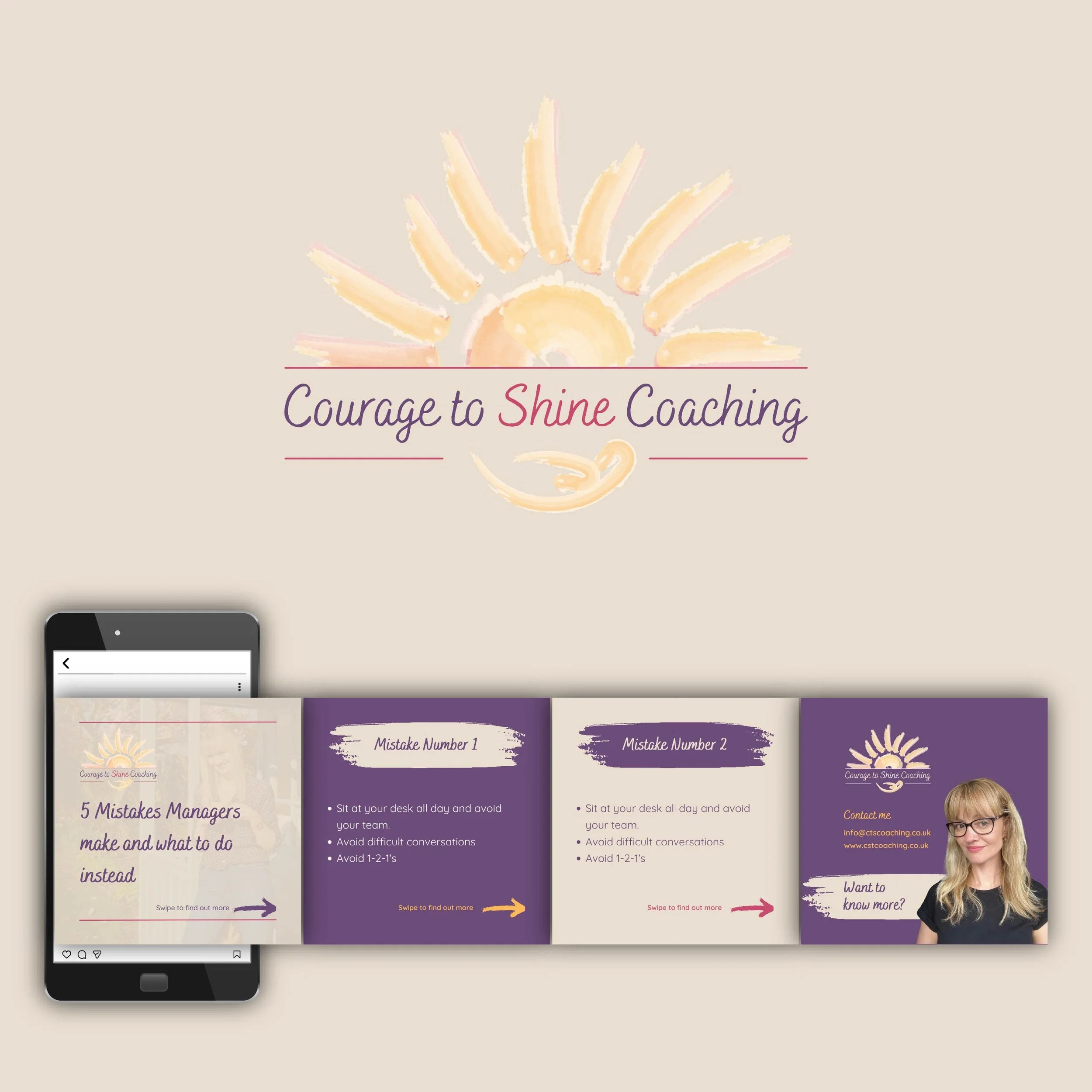 Courage to Shine logo top center.  Images from an example carousel.