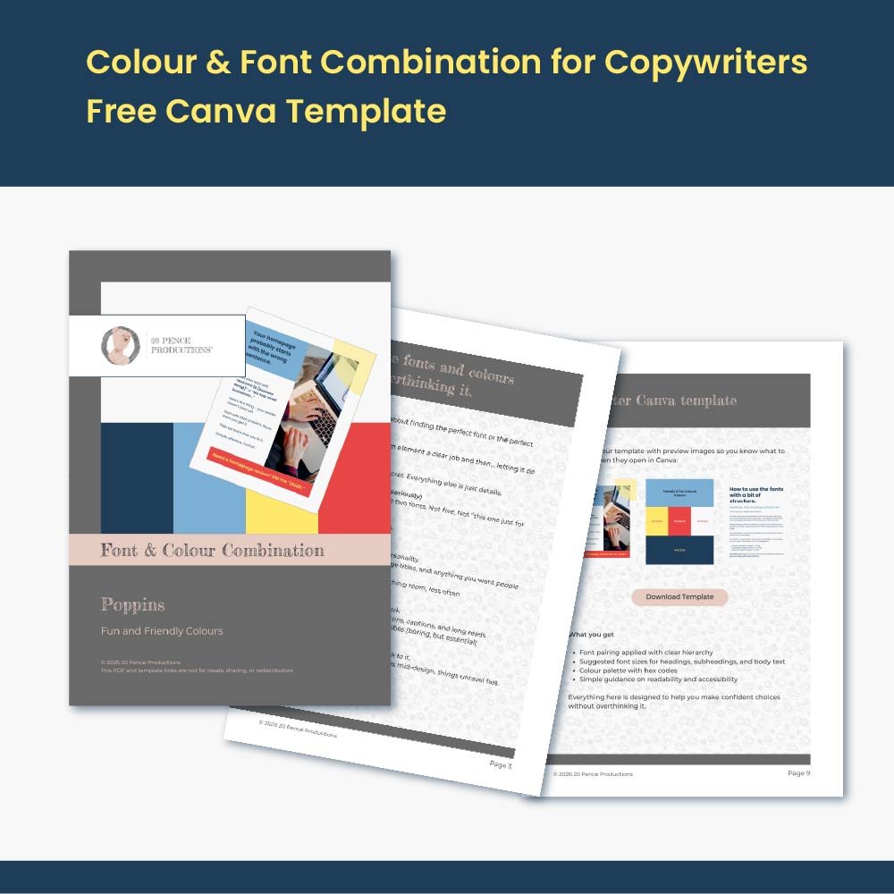 Deep Blue band at the top "Colour & Font Combination for Copywriters Free Canva Template" on a light grey background pages from the PDF download.  Small blue band at the bottom.