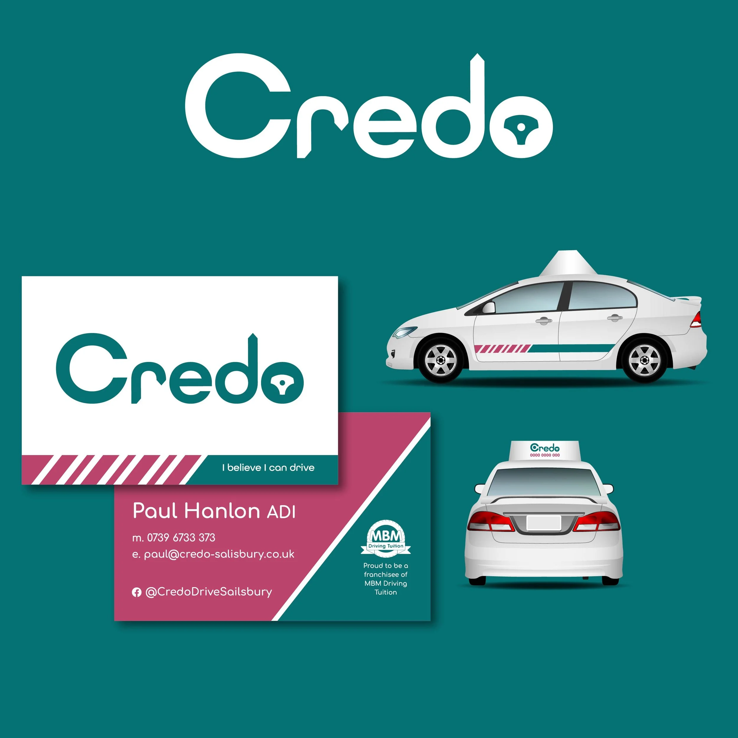 Credo logo top center.  Images of the business card layout and examples of a driving instructors car with the branding.