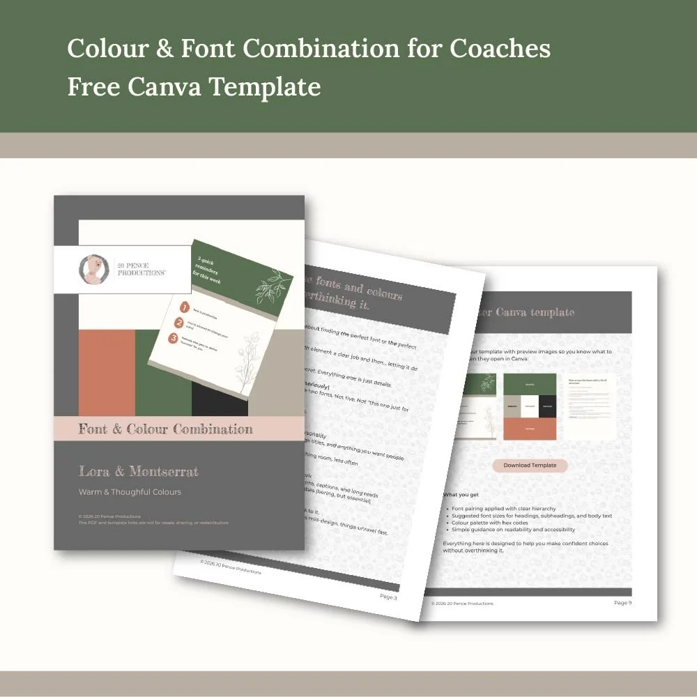 Deep green band at the top with a smaller mushroom band below "Colour & Font Combination for Coaches Free Canva Template" on a cream background pages from the PDF download.  Small mushroom band at the bottom.