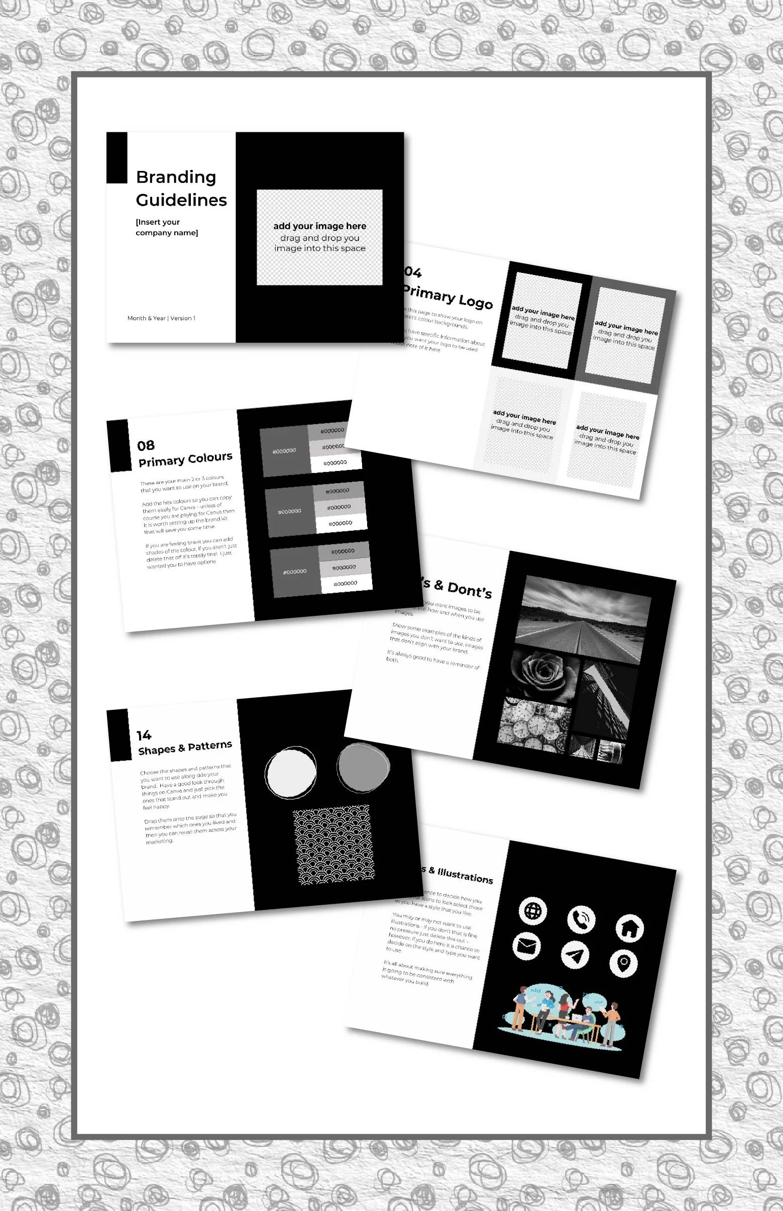 Pages from the branding guidelines templates.