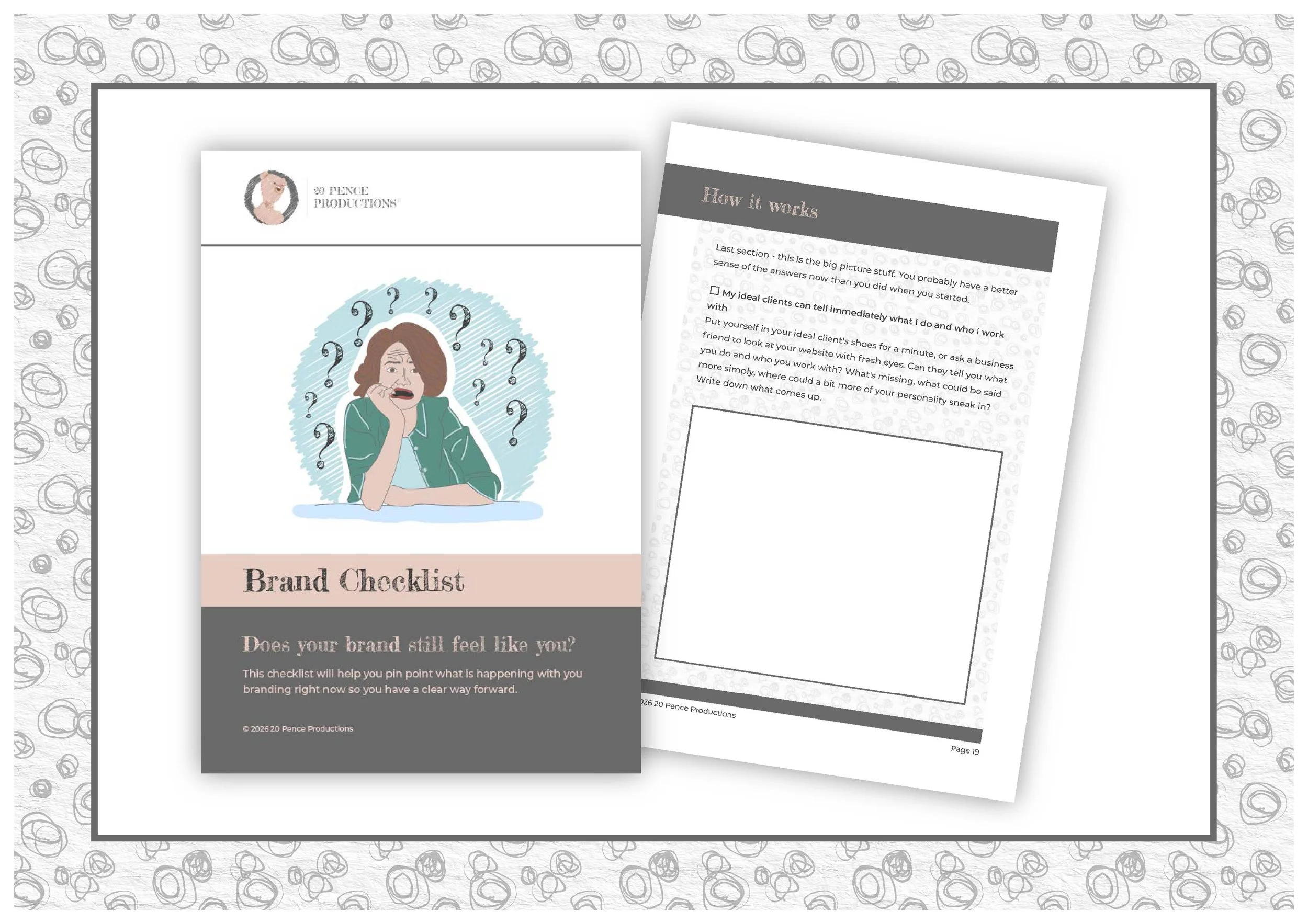 grey scribble form a border.  Front page from the checklist as well as one of the internal pages