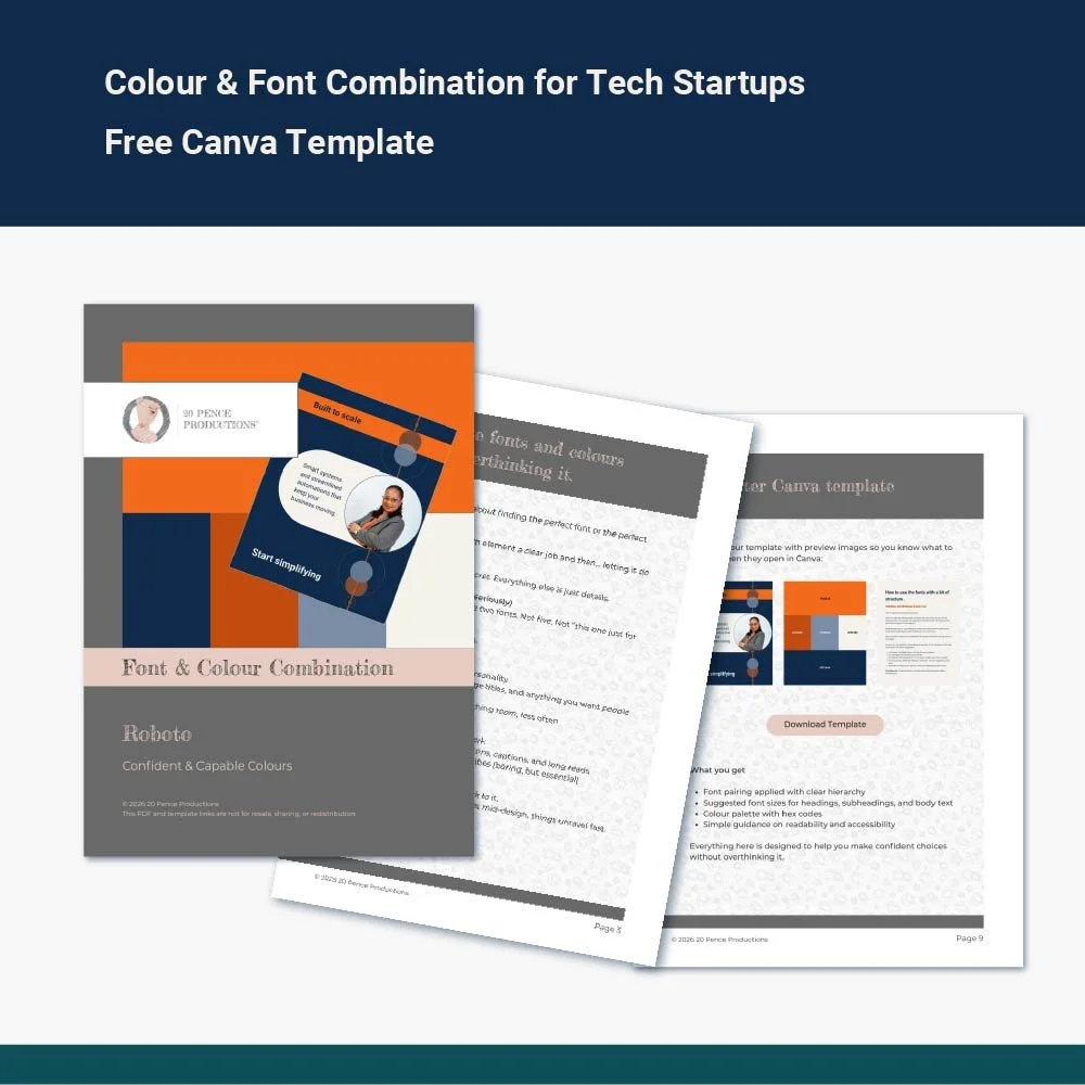 Dark blue band at the top "Colour & Font Combination for Tech Startups Free Canva Template" on a cream background pages from the PDF download.  Small dark blue band at the bottom.