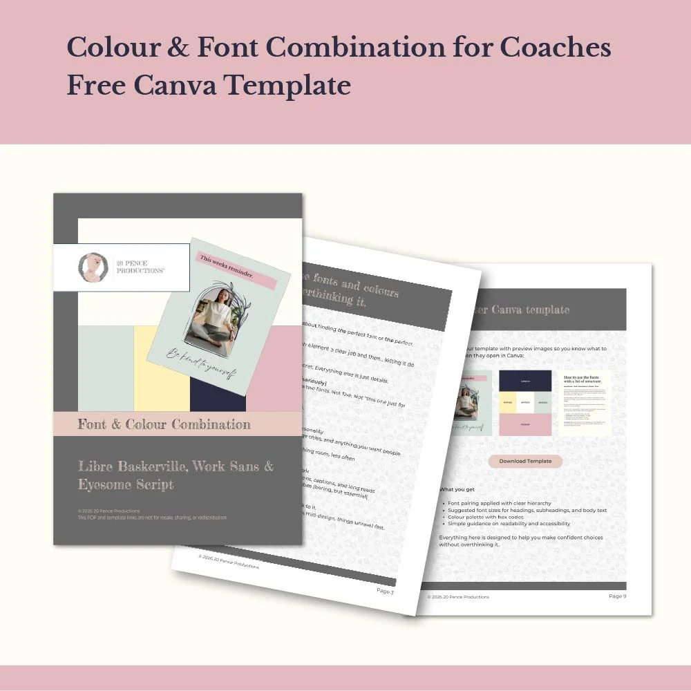 Pink band at the top  "Colour & Font Combination for Coaches Free Canva Template" on a cream background pages from the PDF download.  Small pink band at the bottom.