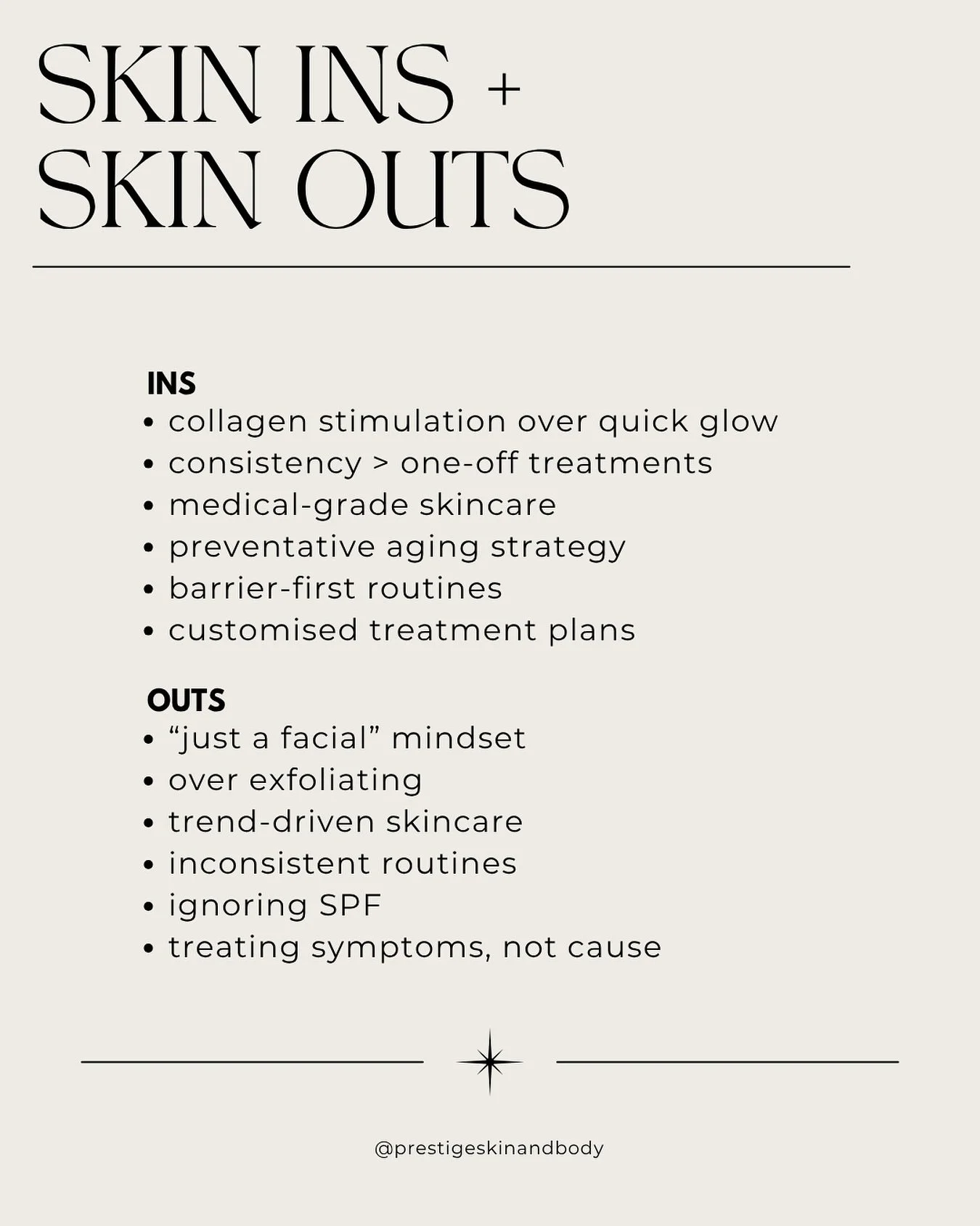 Our skin ins &amp; outs 👏🏻

Drop yours in the comments below! 
.
.
.
.
#skincareessentials #insandouts #beauty #prestigeskinandbody #skincare #beautyclinic #facials #skintreatment #adelaidesmallbusiness
