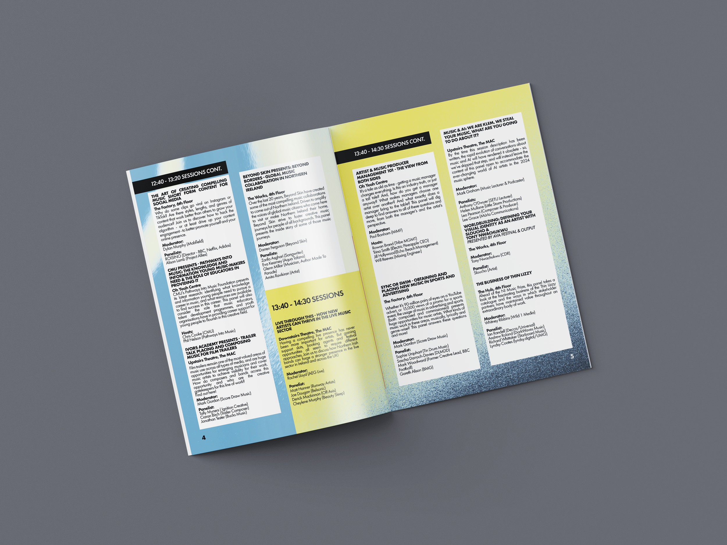 Open booklet displaying a schedule of sessions with headings, descriptions, and speaker names divided into time slots from 12:40 to 14:30. The pages have a gradient background transitioning from blue to yellow. The left page includes sessions on crea