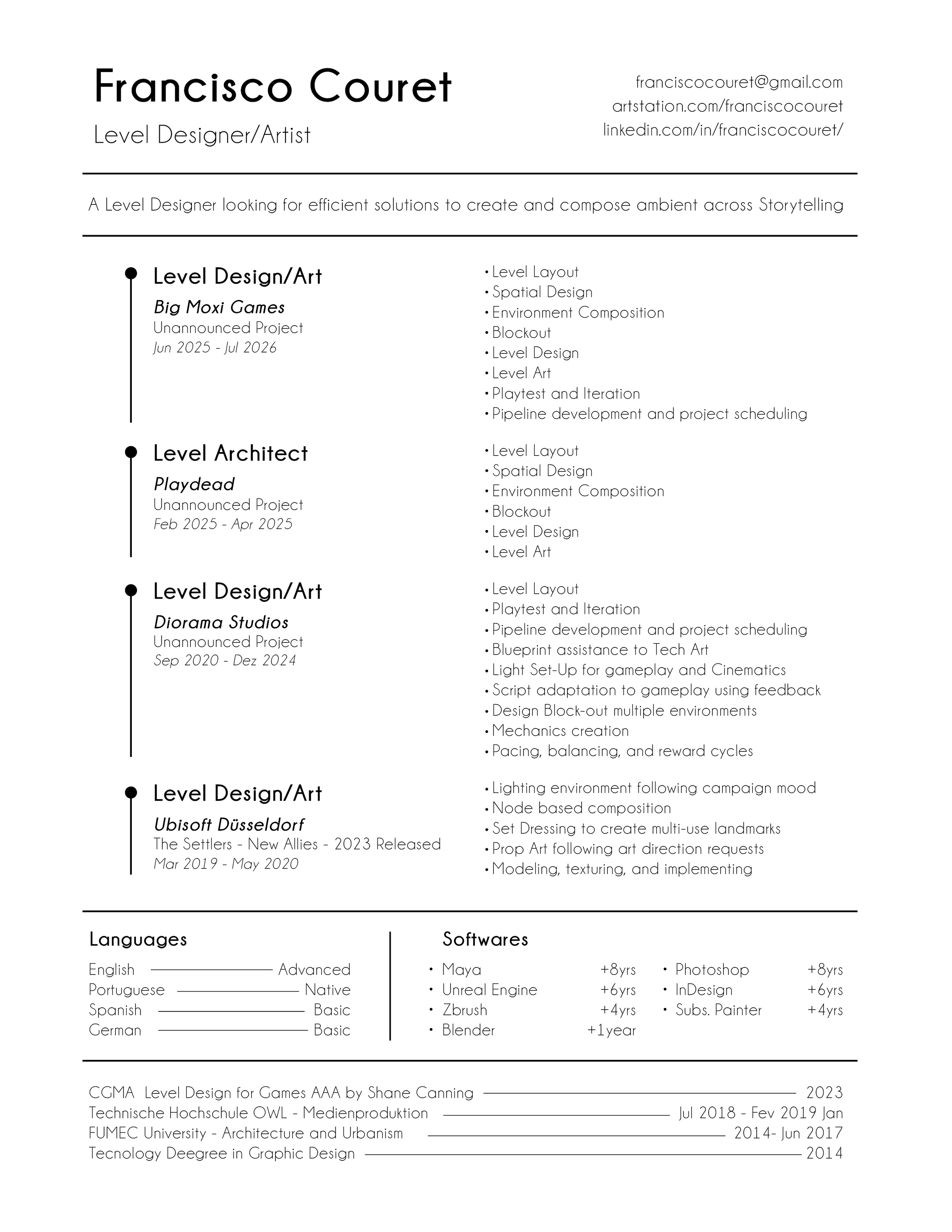 A professional resume or CV for Francisco Couret. It highlights his skills, projects, work experience, education, languages, and software expertise in design and game development.