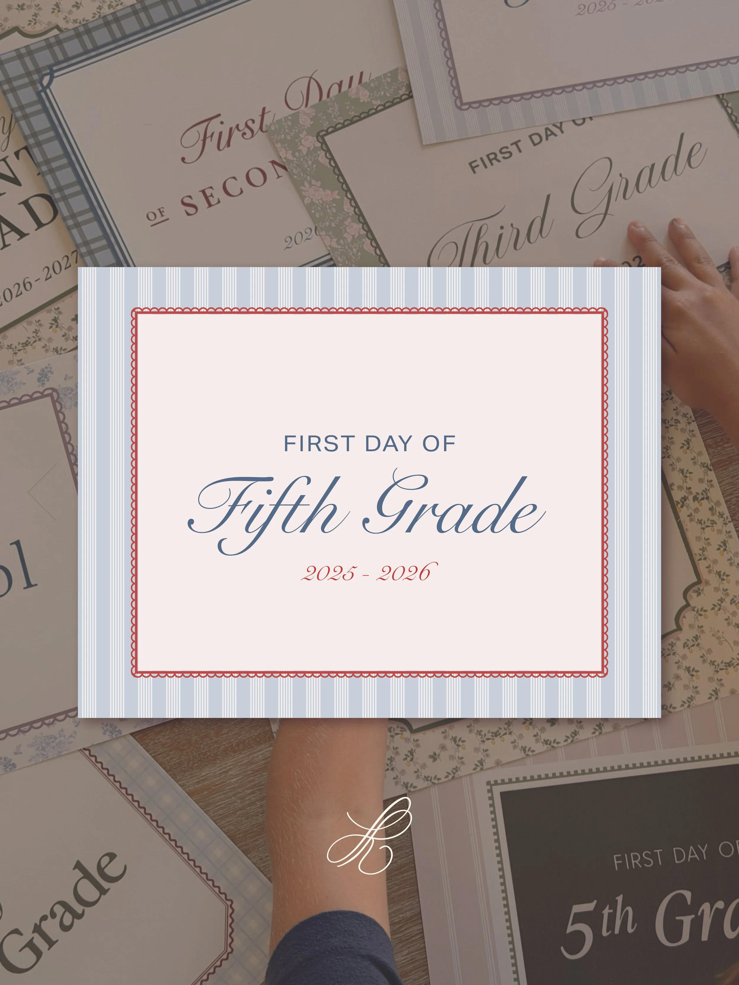 Blue Stripe & Red Scallop First Day of School Grade Sign | Printable Digital Download
