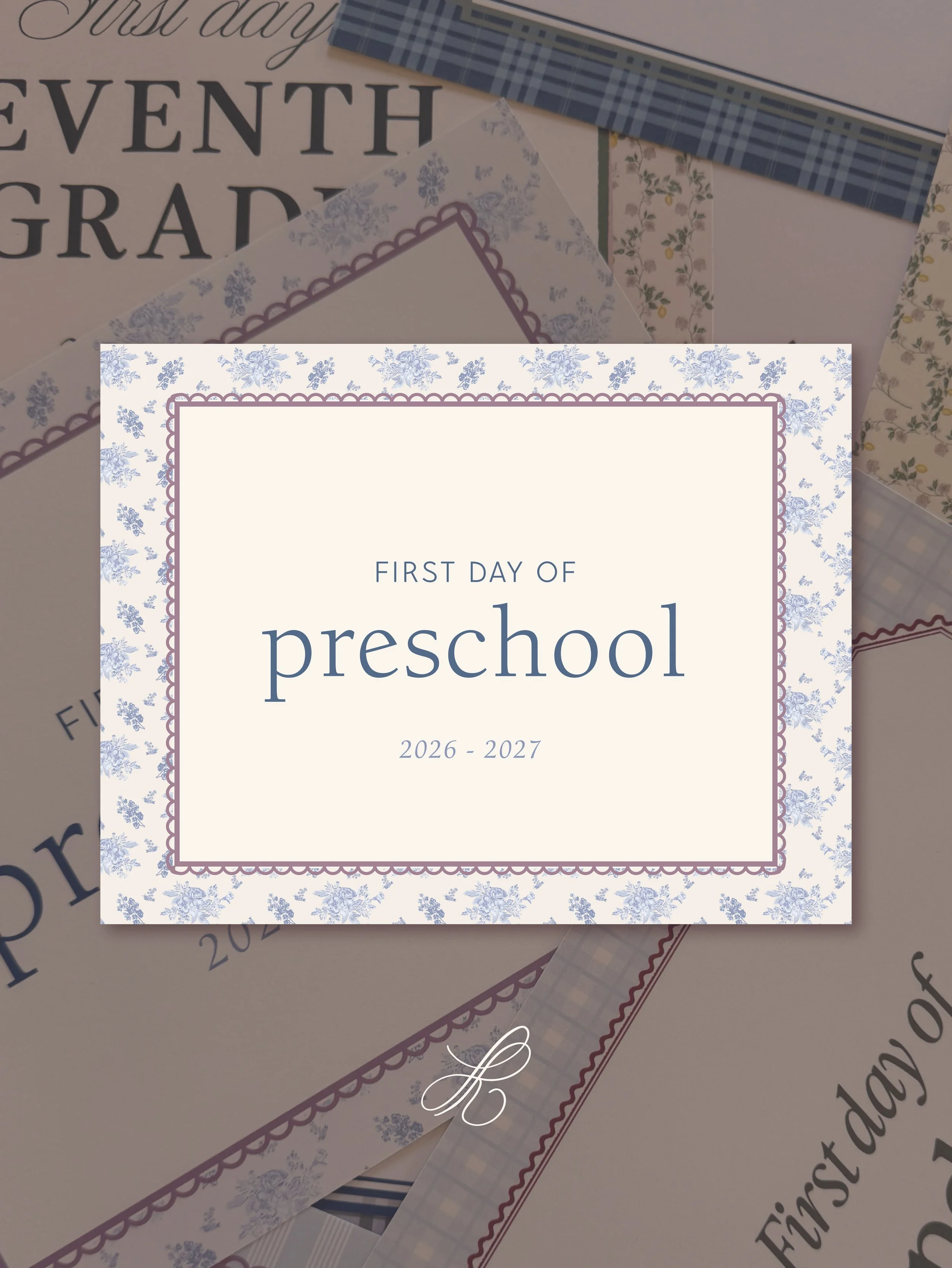 Blue Floral & Purple Scallop First Day of School Grade Sign | Printable Digital Download