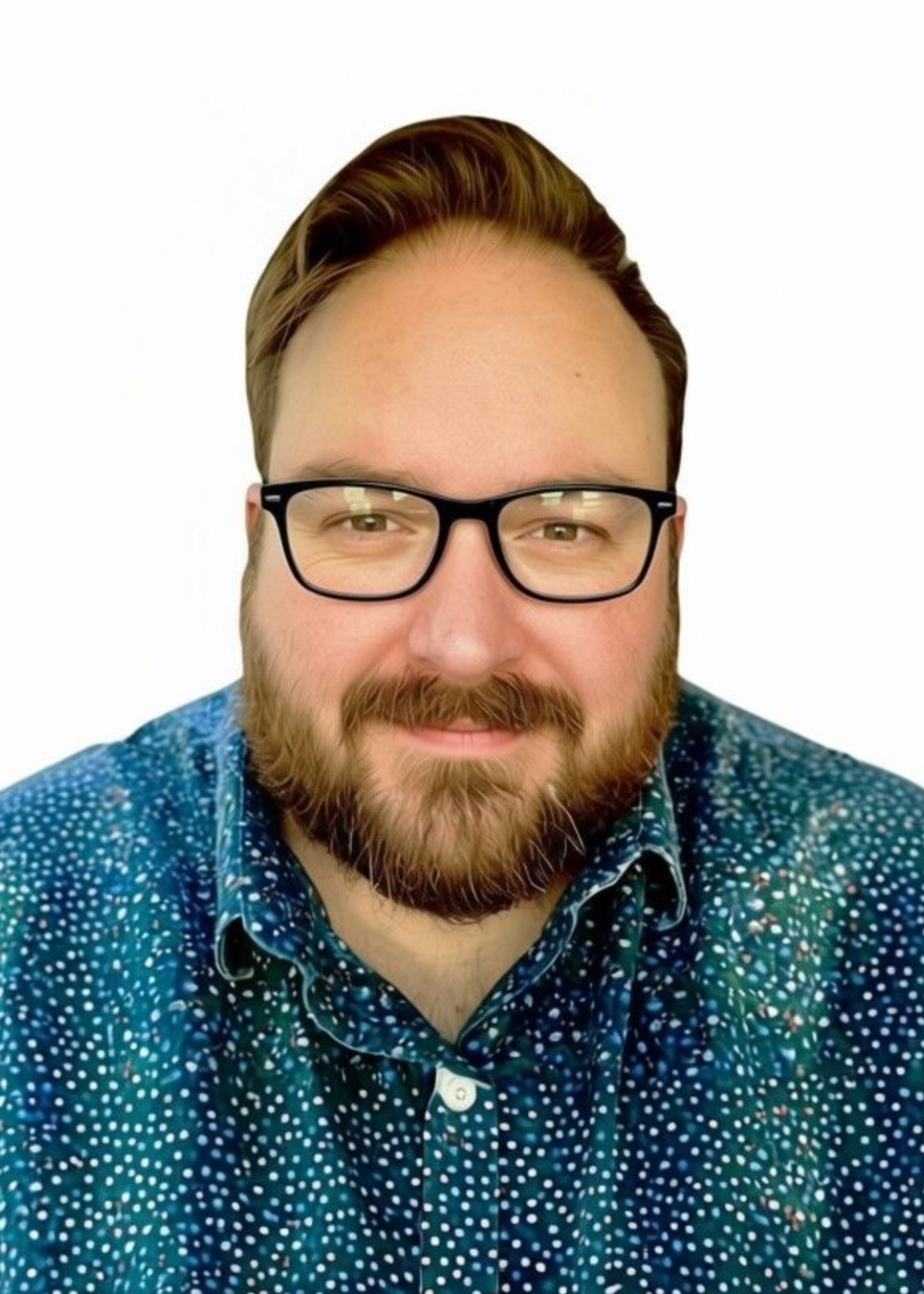Jeremy Schmidt with beard and glasses wearing a blue-collared shirt and lanyard