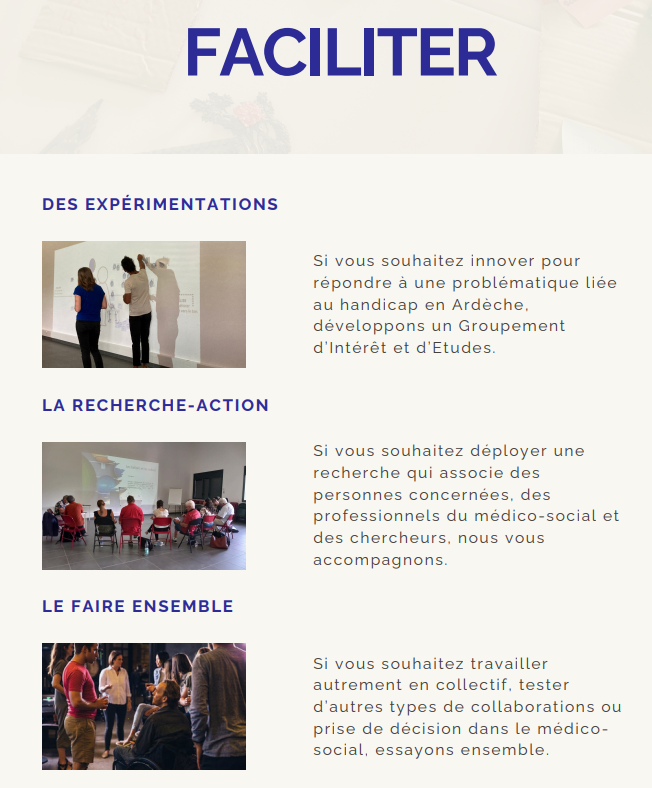 Page d'un document intitulé 'FACILITER' avec sections 'DES EXPÉRIMENTATIONS', 'LA RECHERCHE-ACTION' et 'LE FAIRE ENSEMBLE'. Chaque section comprend une image et un texte descriptif :