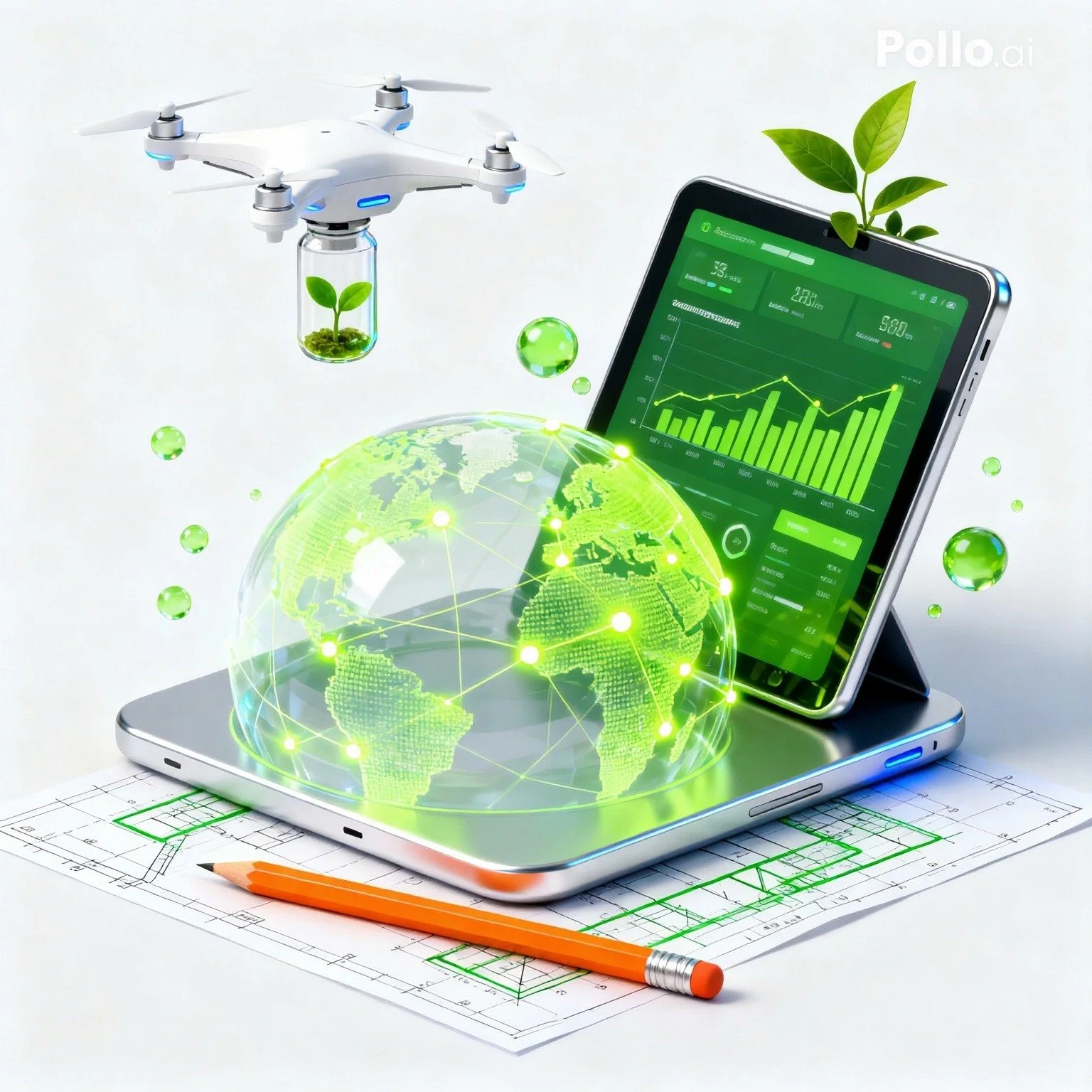 Une feuille de papier technique avec un crayon orange, un smartphone avec graphique financier vert, un globe terrestre numérique vert connecté, un drone avec une petite plante en pot suspendue, et des bulles vertes flottantes, évoquant la technologie, l'écologie et la connectivité mondiale.
