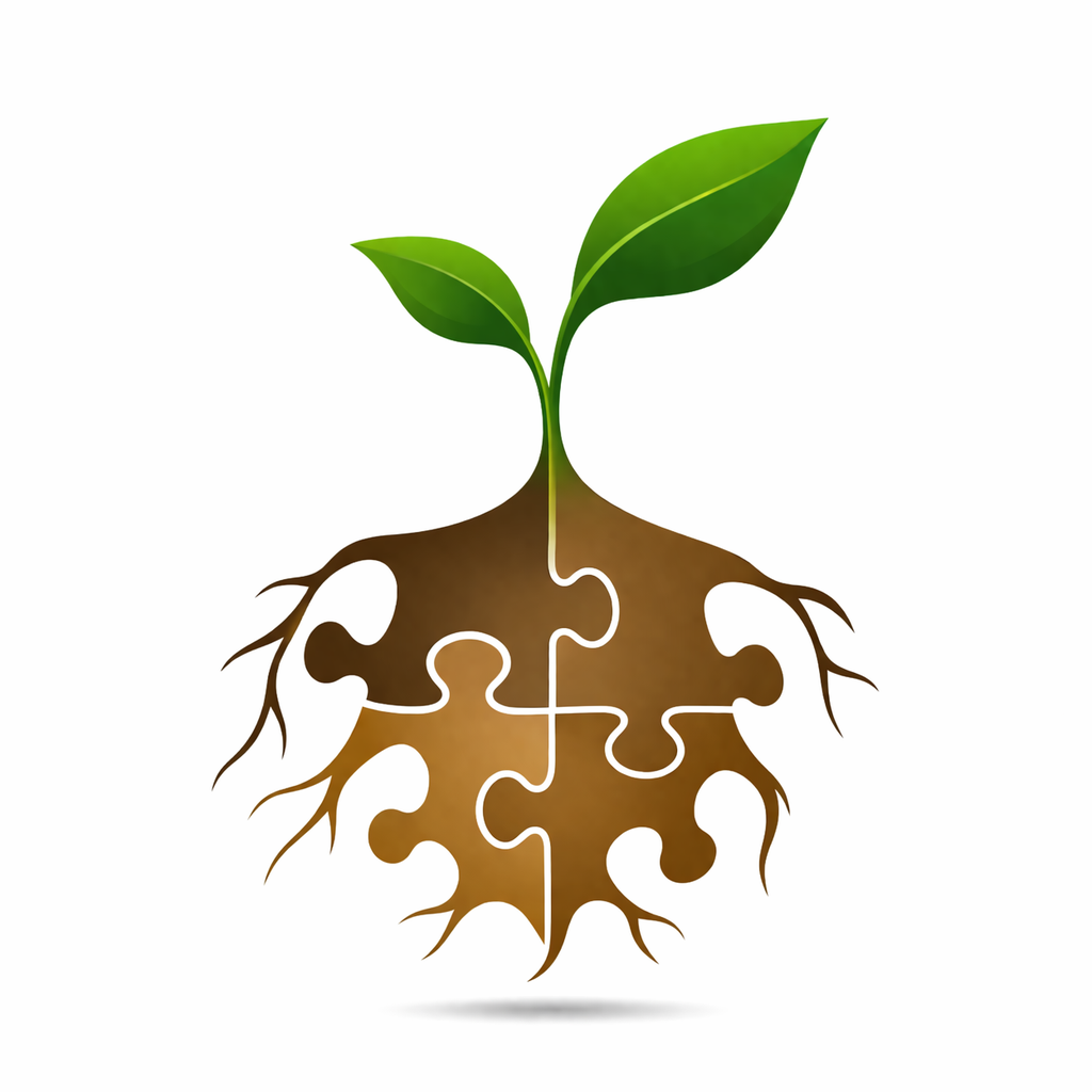 Une plante verte dont la racine est formée de pièces de puzzle brunes.