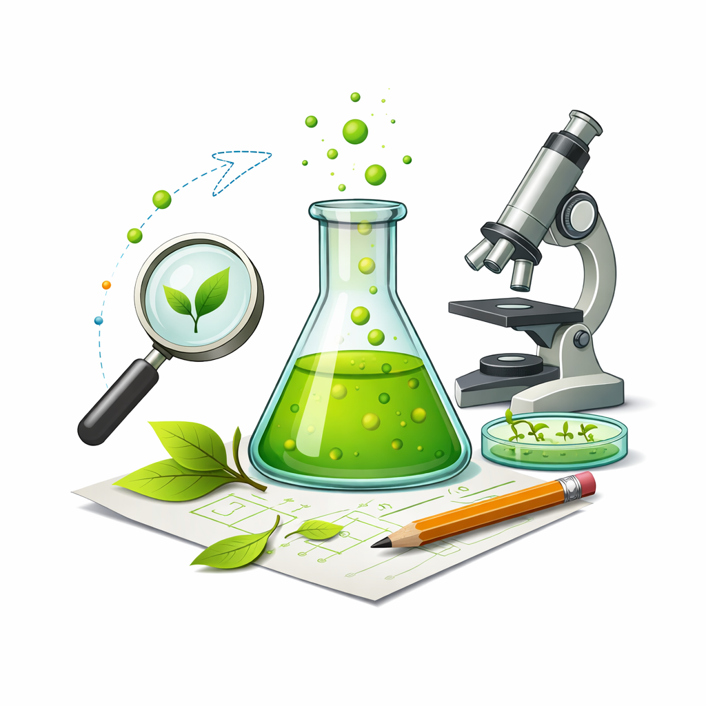 Une illustration d'un laboratoire de recherche avec une fiole contenant une substance verte, un microscope, une loupe sur une feuille avec des feuilles vertes, un point de Petri avec de jeunes plantes, un crayon et un papier.