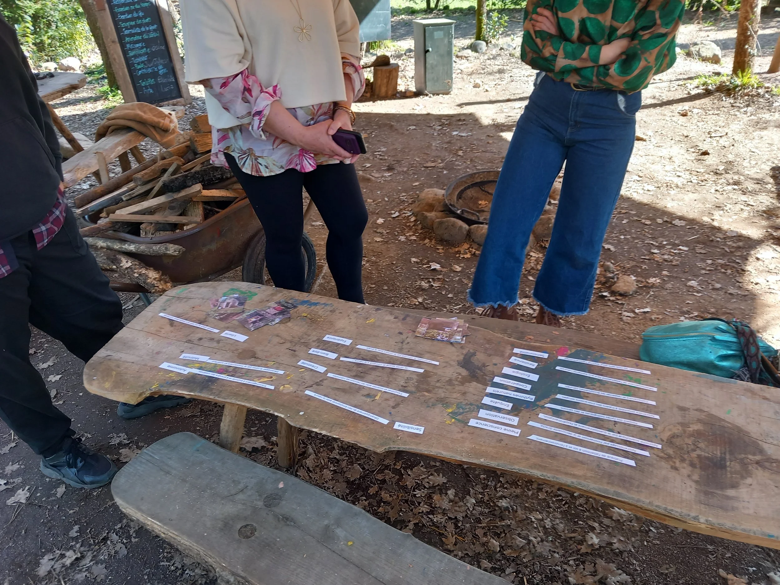 Trois personnes debout autour d'une table en bois à l'extérieur, avec des petits papiers aux mots liés à la nature comme 'Pinecone', 'Bark', et 'Camouflage'.
