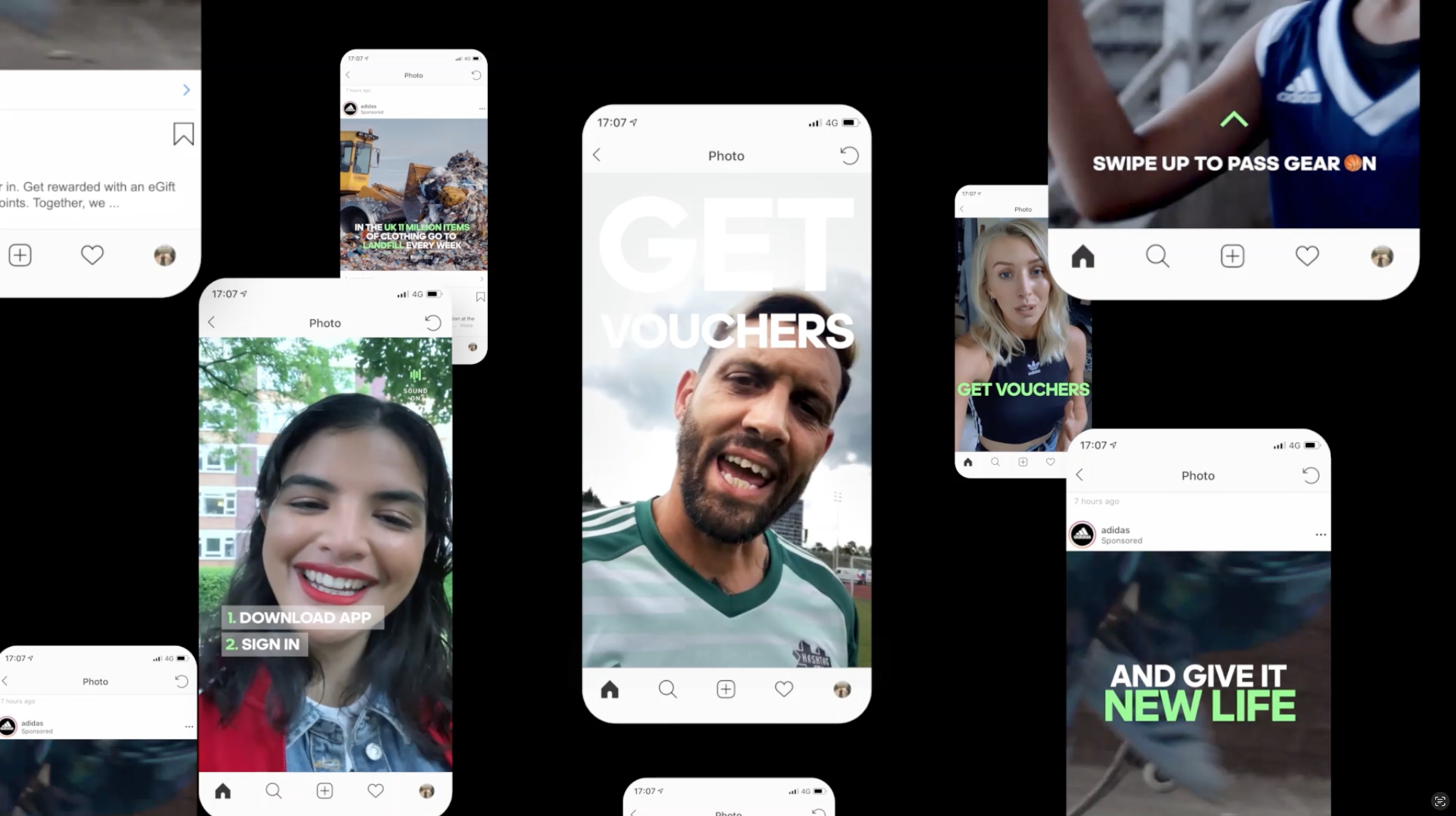 Collage of Instagram style photos promoting adidas, featuring people, sustainability messages, and calls-to-action like "Get Vouchers" and "Swipe Up to Pass Gear on."