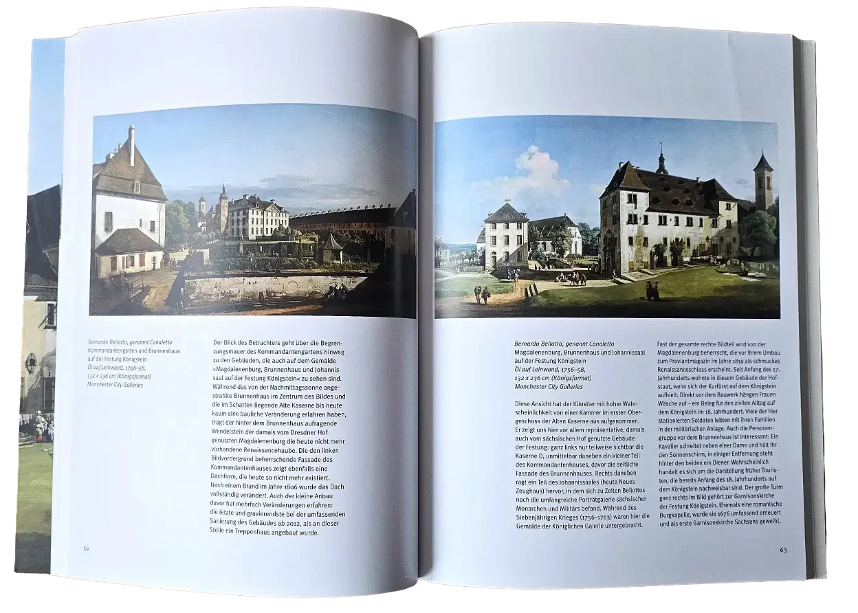 Doppelseite aus dem Buch Die Schönste im ganzen Land! mit Gemälden der Festung Königstein von Bernardo Bellotto, genannt Canaletto