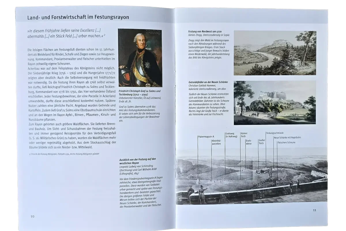 Doppelseite aus dem Buch Von Möhrenbeet bis Festungswald zur Land- und Forstwirtschaft im Festungsrayon mit historischen Abbildungen