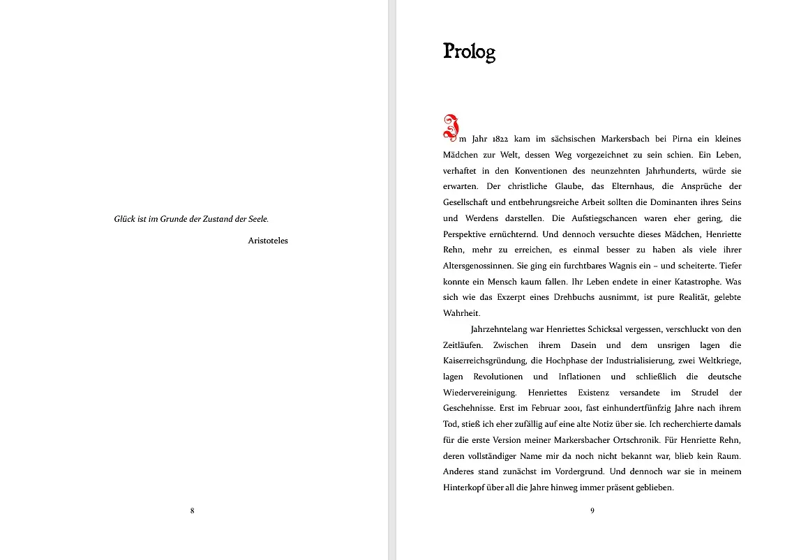 Prolog-Seite aus dem Buch ›Gestohlene Jahre‹ mit historischem Einführungstext zur Lebensgeschichte von Henriette Rehn.
