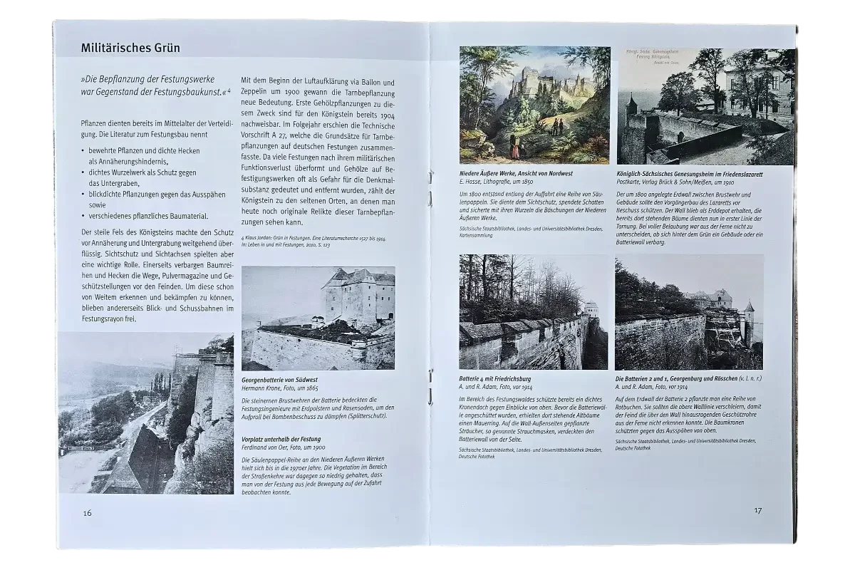 Doppelseite aus dem Buch Von Möhrenbeet bis Festungswald über militärisches Grün und historische Festungsanlagen