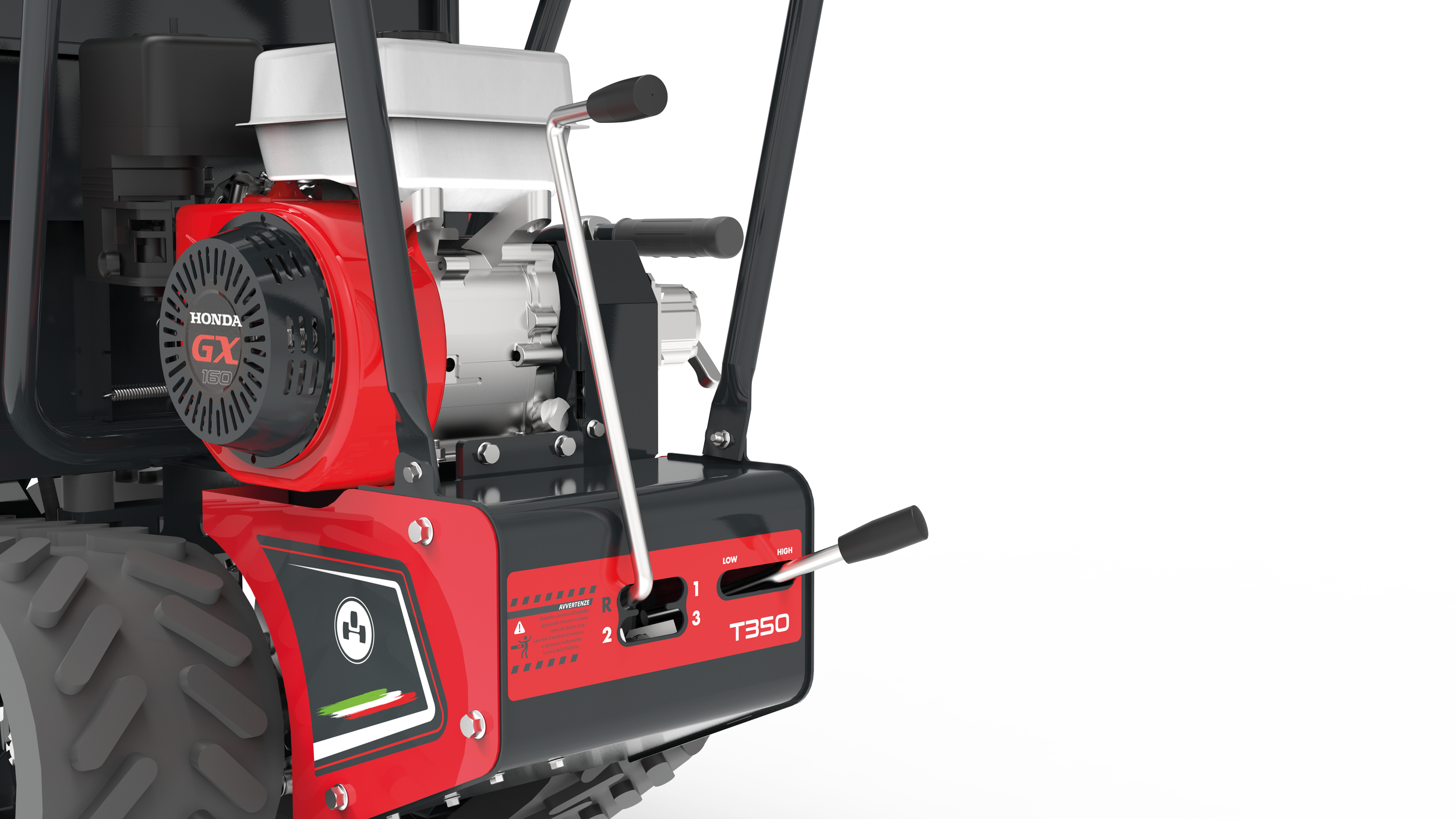 Dettaglio cambio marce e selettore velocità del minitrasporter cingolato T350