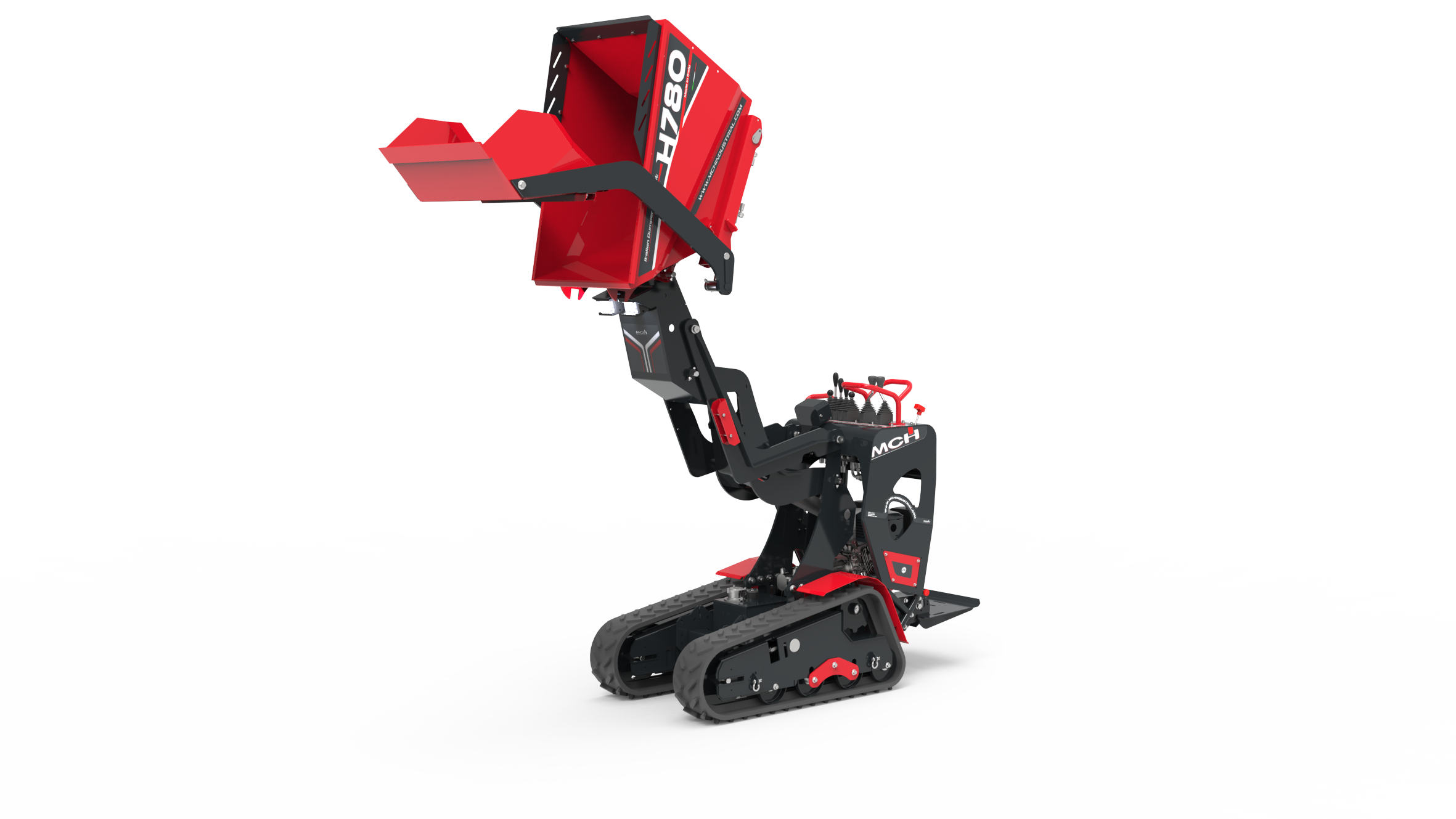 Minidumper cingolato H780 HT con pala autocaricante e scarico alto sollevato in fase di scarico