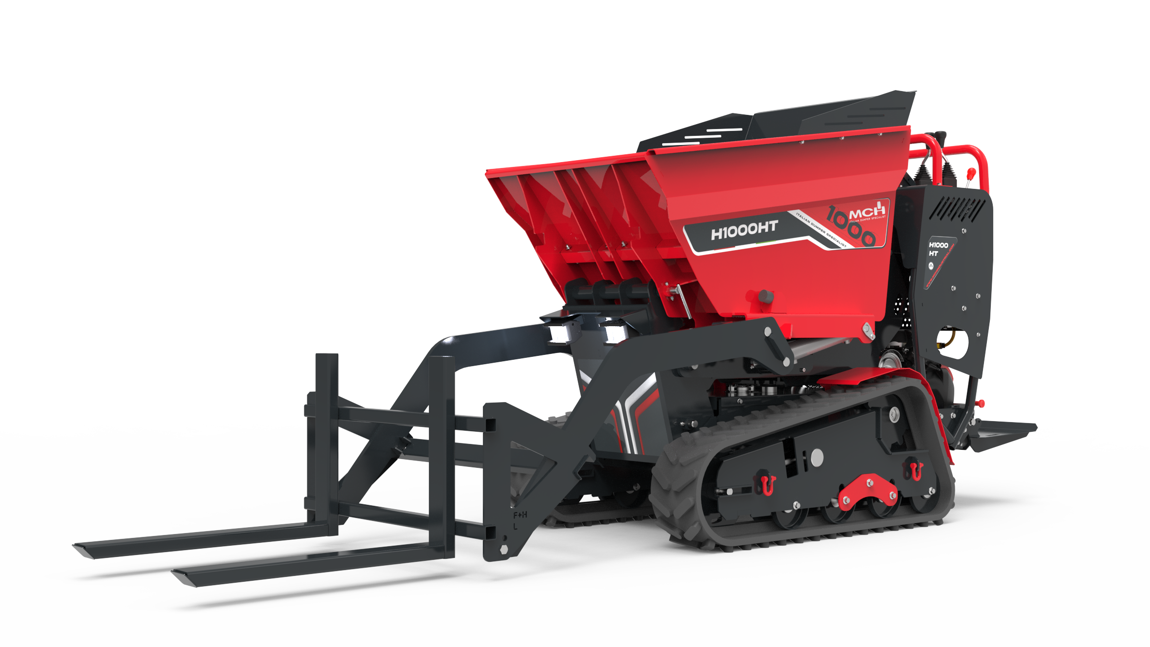 minidumper cingolato H1000 con forche per pallet per movimentazione materiali