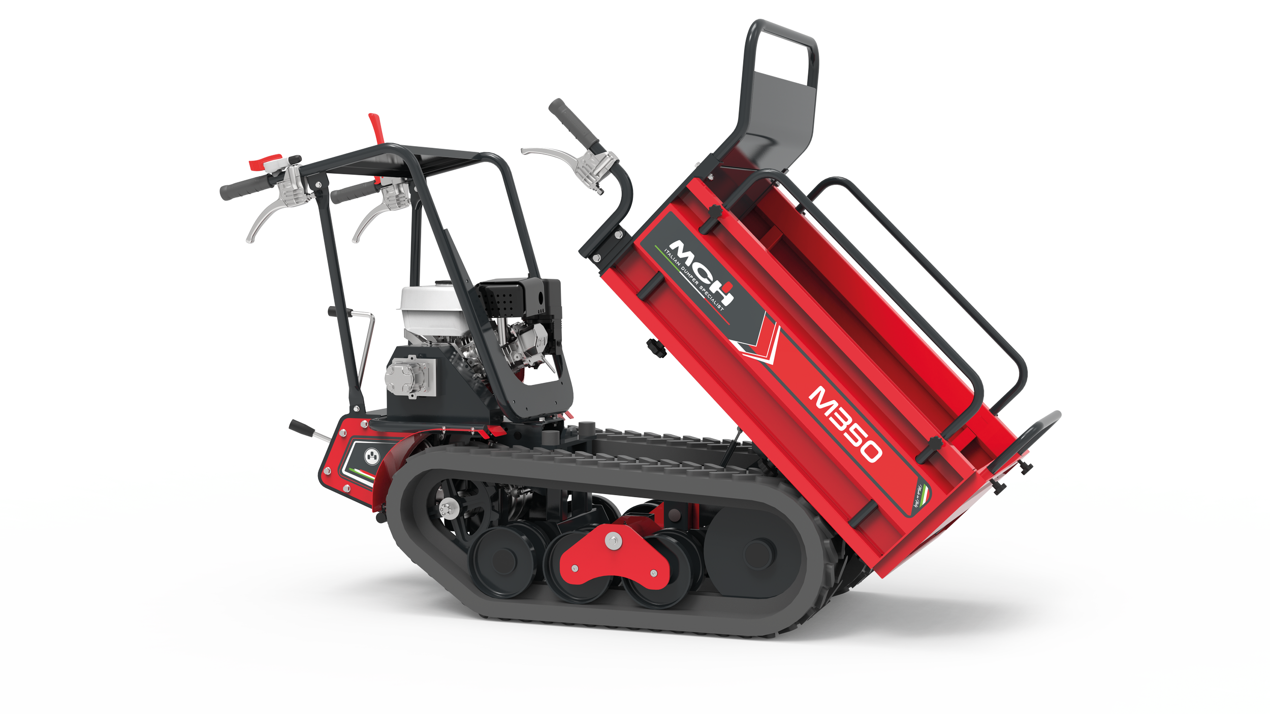 Minitrasporter cingolato M350 con cassone agricolo in posizione di ribaltamento manuale