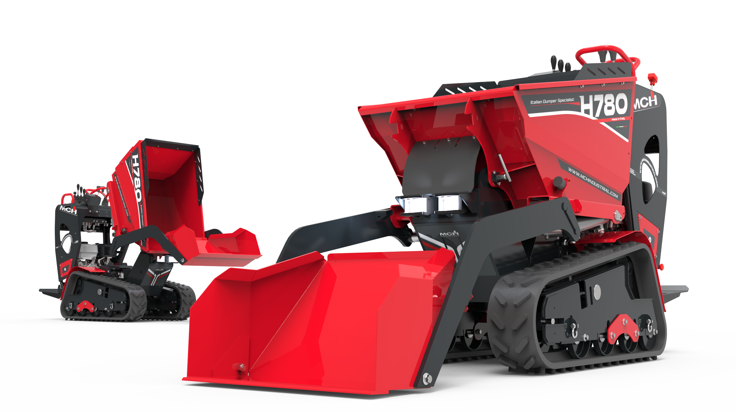 Minidumper cingolato H780 FT con scarico frontale in posizione chiusa e di scaricamento