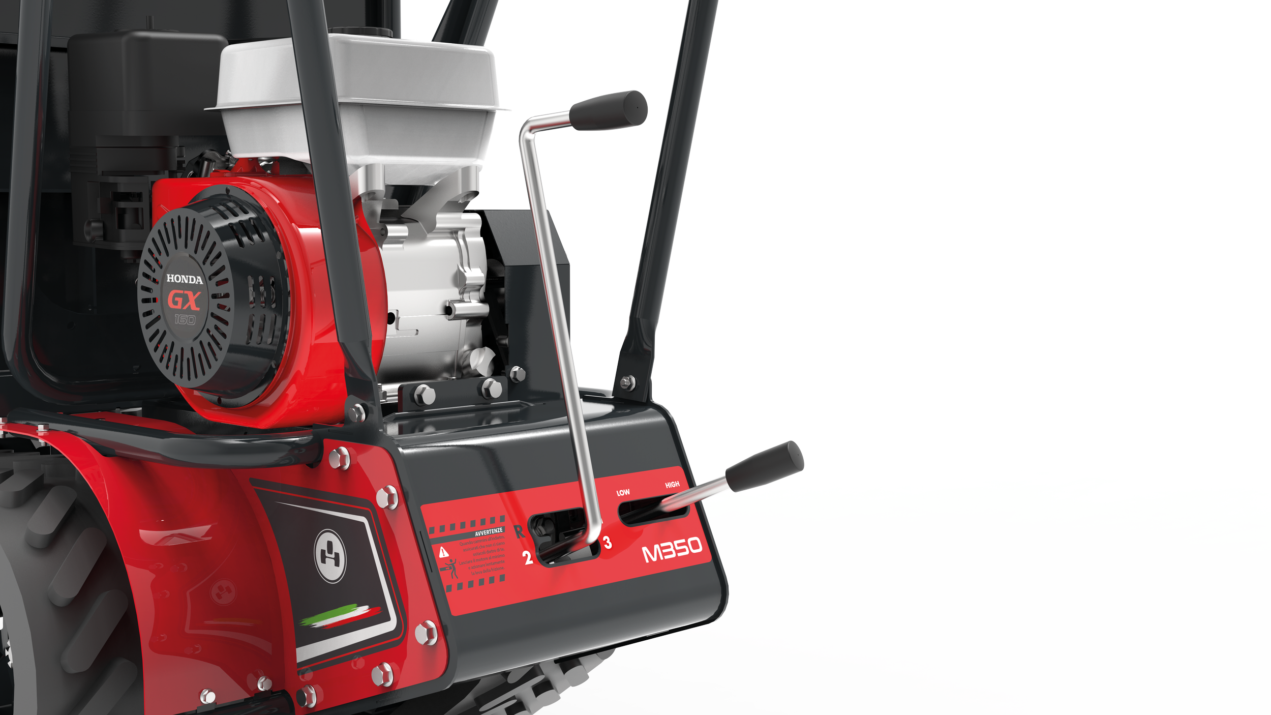 Dettaglio cambio marce e selettore velocità del minitrasporter cingolato M350