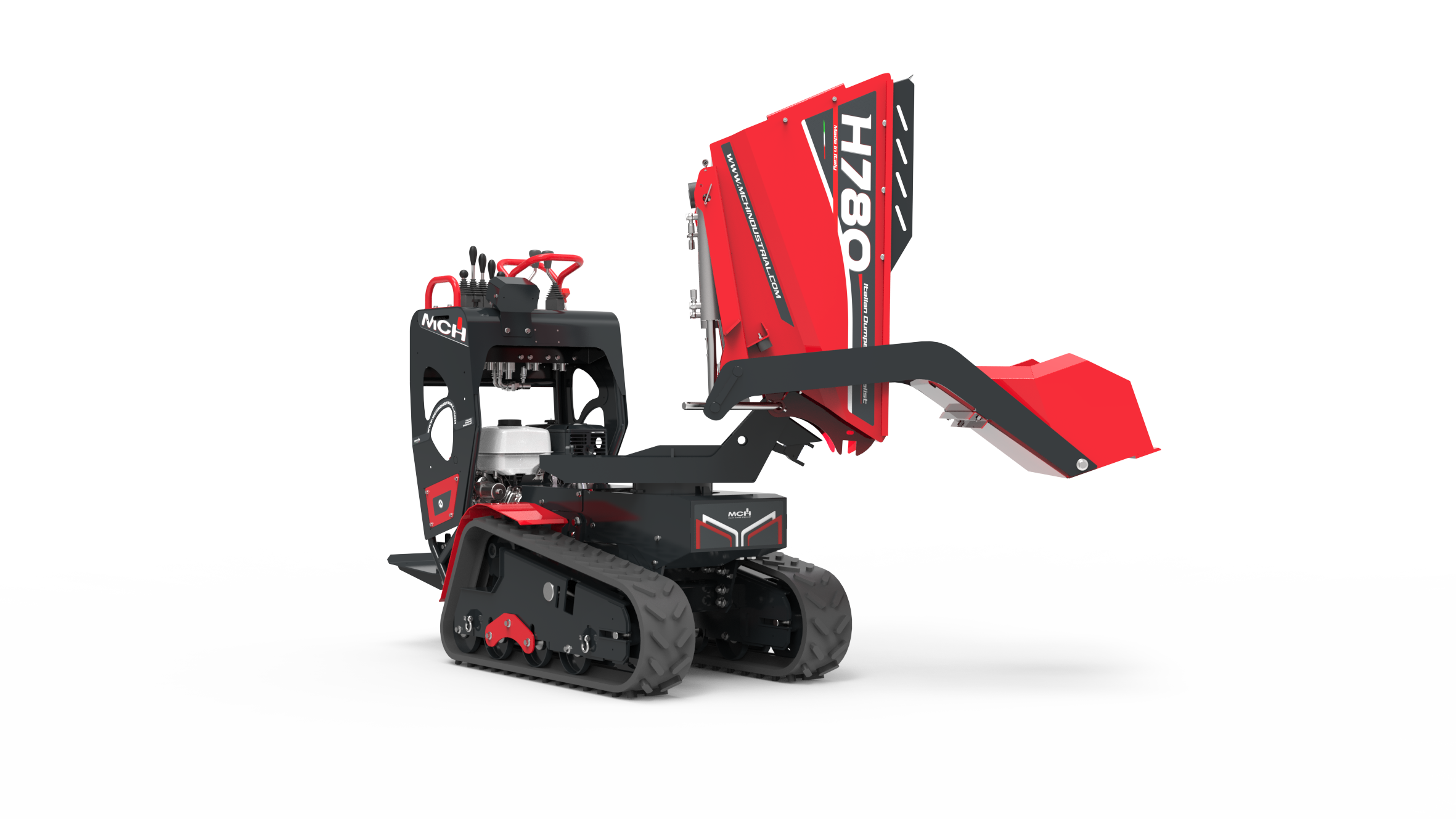 Minidumper cingolato H780 LT con pala autocaricante e scarico trilaterale in fase di ribaltamento laterale