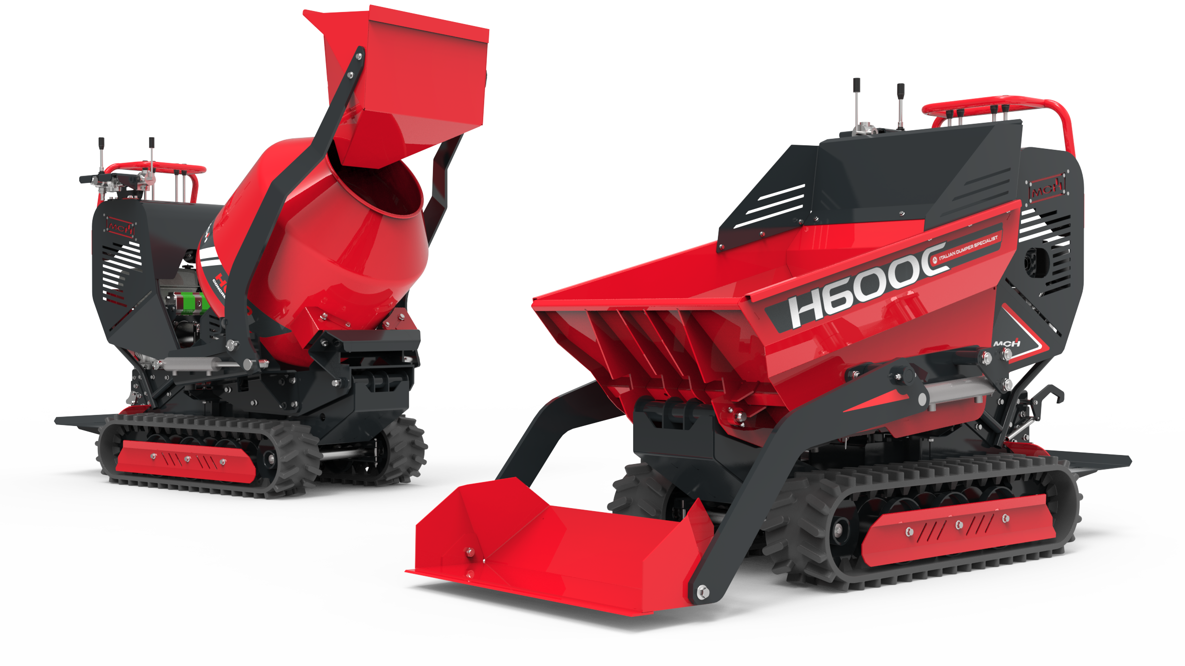 Minidumper cingolato H600C con cassone dumper e pala autocaricante insieme alla versione H600CM con betoniera