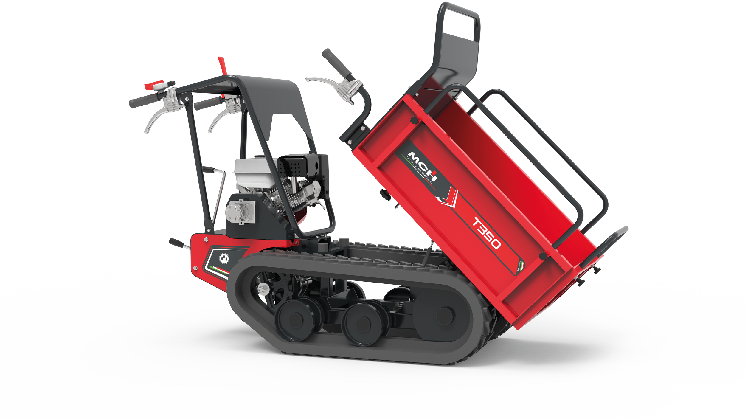 Minitrasporter cingolato T350 con cassone agricolo in posizione di ribaltamento manuale