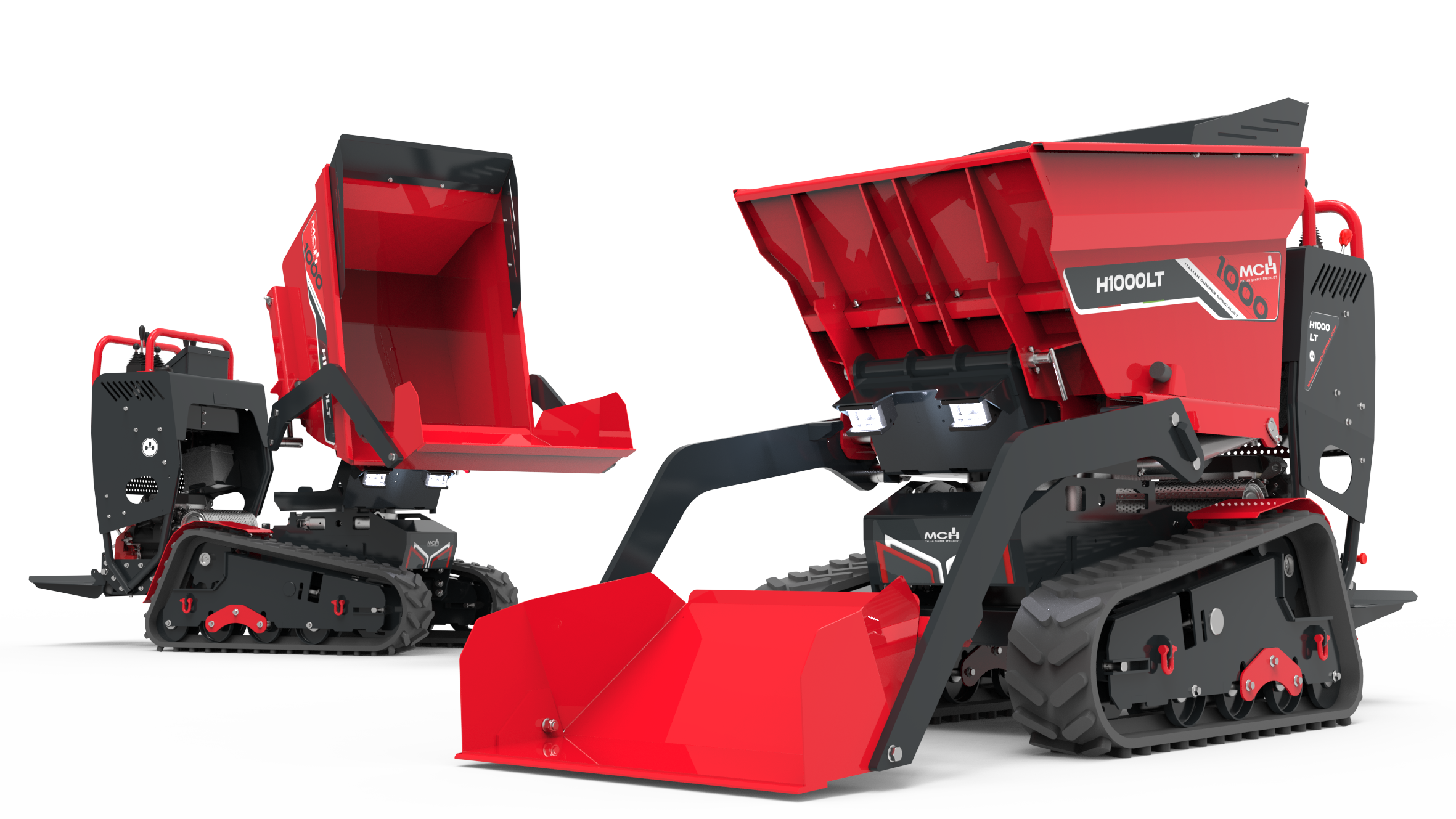 Minidumper cingolato H1000 LT con scarico trilaterale in diverse posizioni di ribaltamento