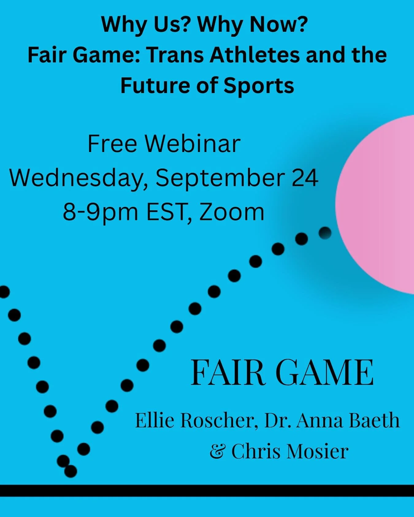 Join @thechrismosier, @dr.bae.phd, and me on Wednesday, September 24 from 7-8pm CST for a Free Webinar on trans inclusion in sports. We well delve into themes of our upcoming book, Fair Game, in hopes of increasing compassion, accurate data, and advo
