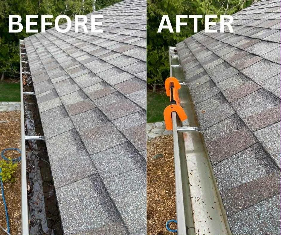 Before and after of gutter debris removal