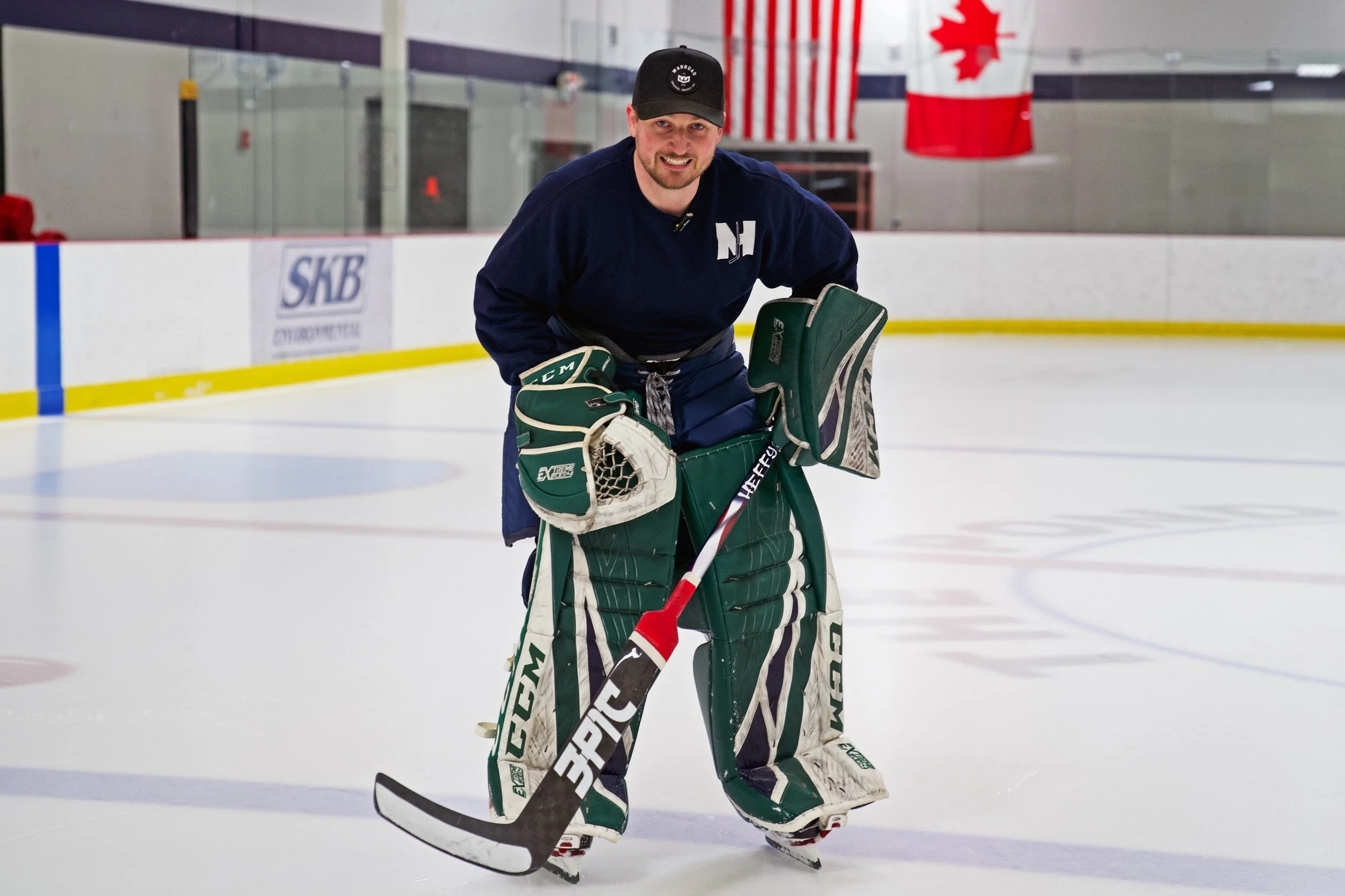 Stefano Cantali demonstrating a goalie stance on the ice