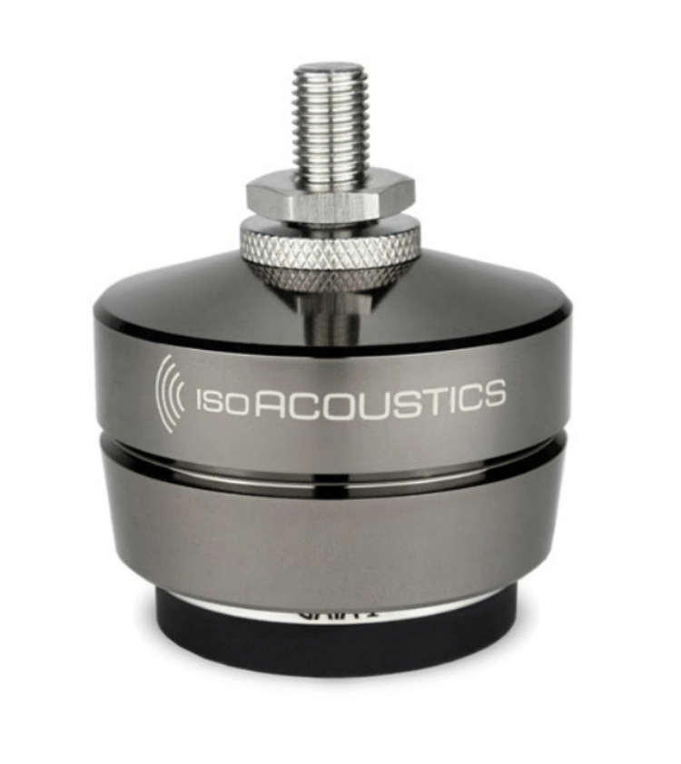A metal acoustic vibration sensor with the brand name ISOACOUSTICS on it, featuring a threaded connection at the top.